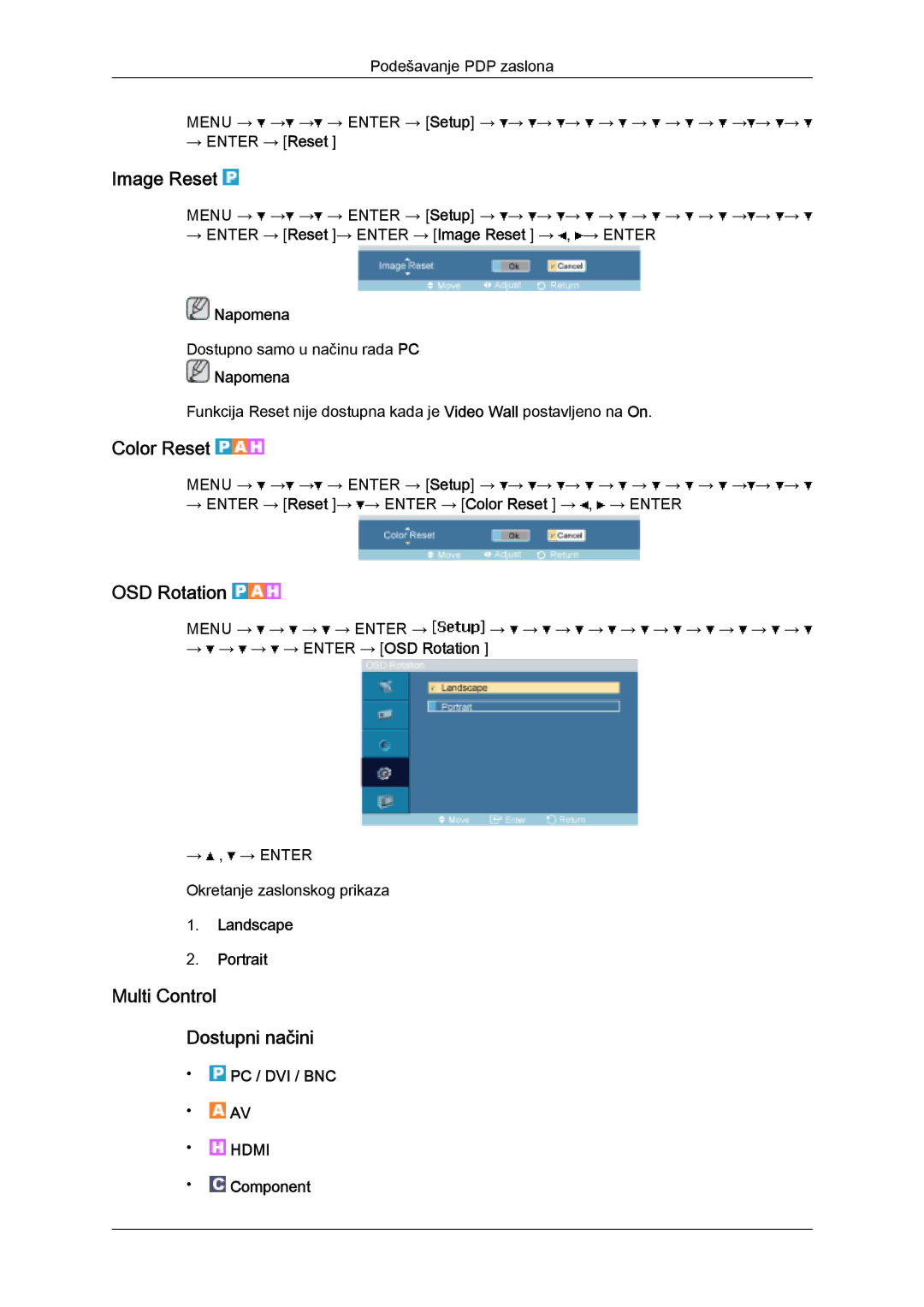 Samsung PH50KPFLBF/EN, PH63KPFLBF/EN, PH50KPPLBF/EN Image Reset, Color Reset, OSD Rotation, Multi Control Dostupni načini 