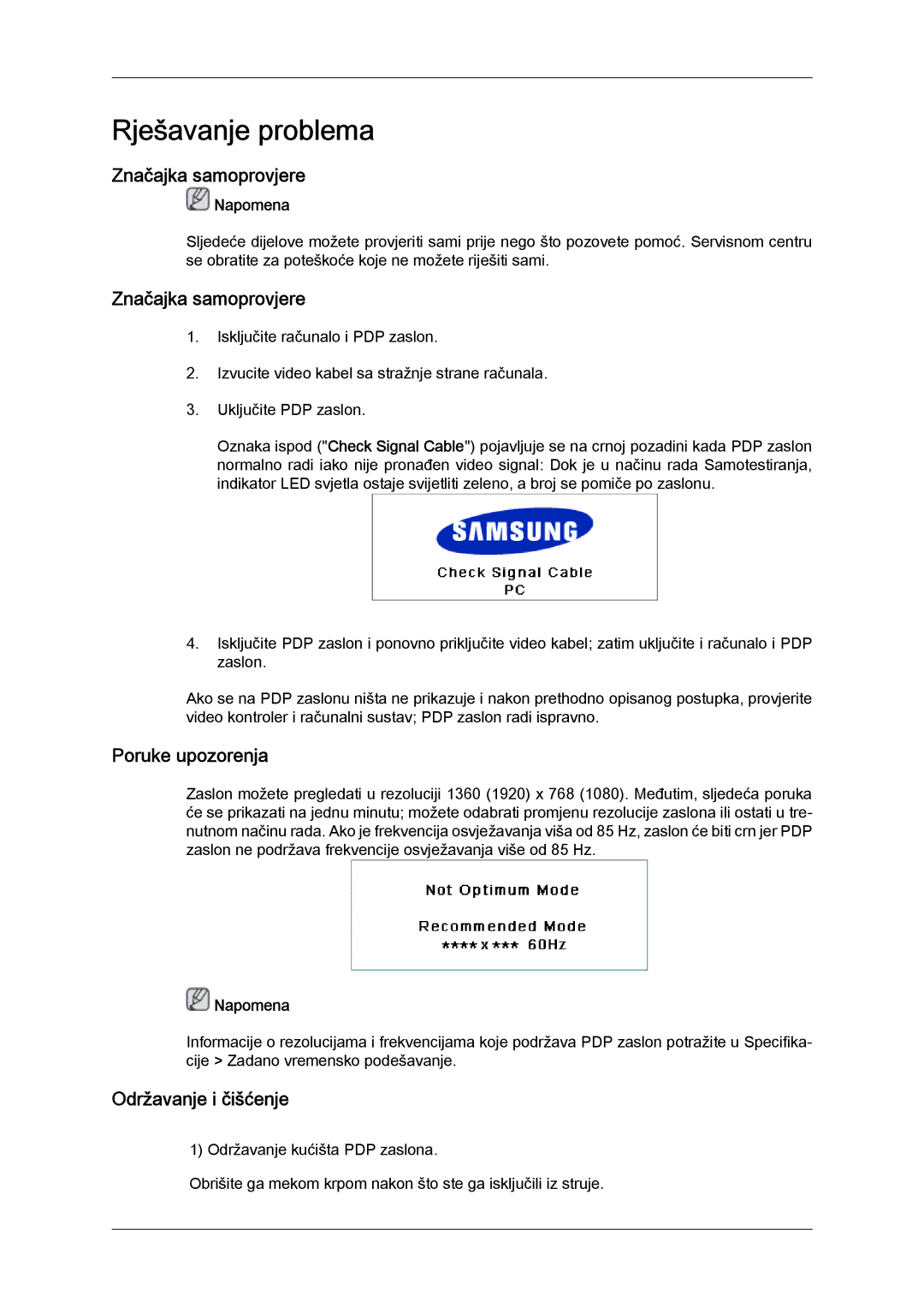 Samsung PH63KPFLBF/EN, PH50KPFLBF/EN, PH50KPPLBF/EN manual Značajka samoprovjere, Poruke upozorenja, Održavanje i čišćenje 