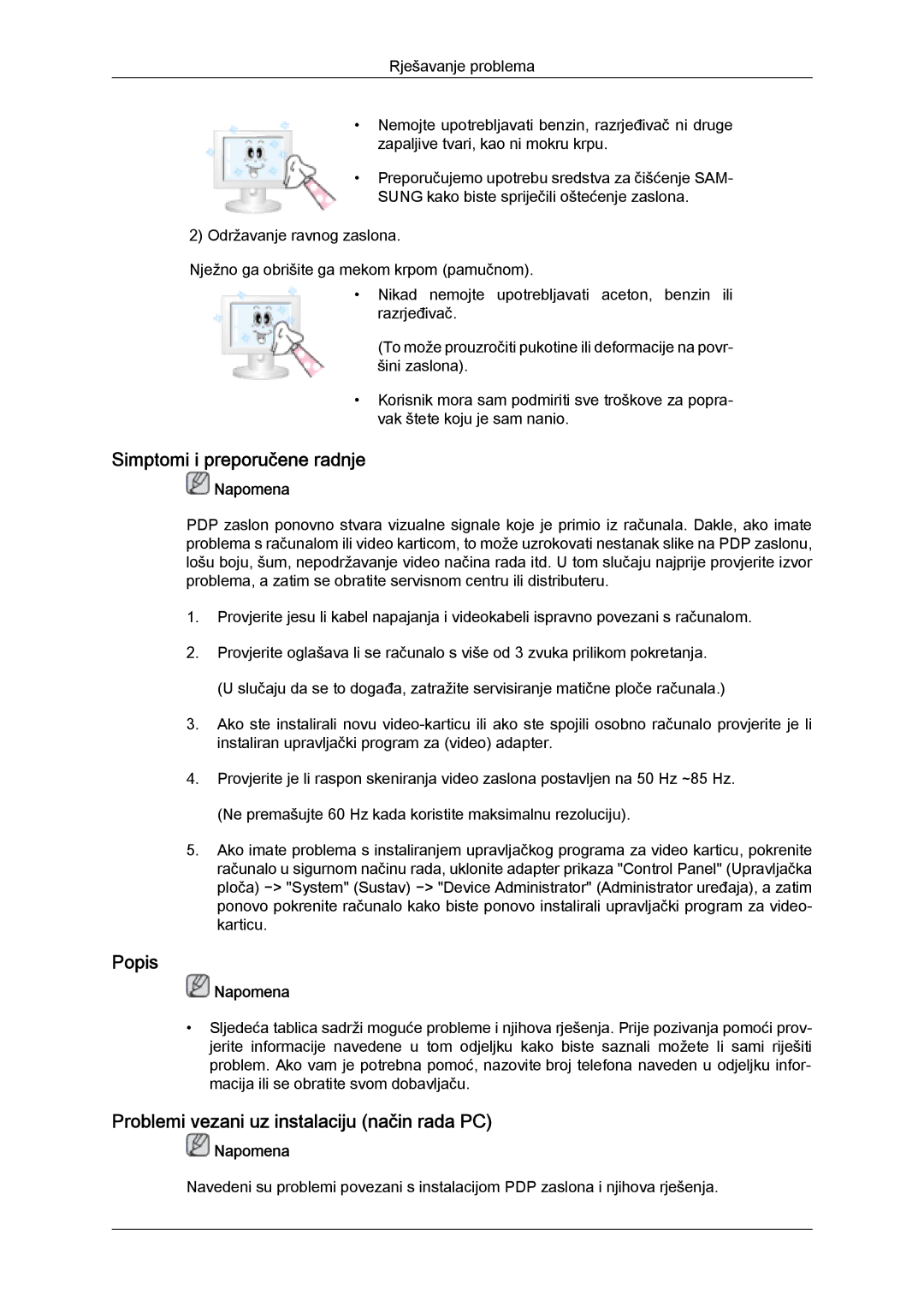 Samsung PH50KPFLBF/EN, PH63KPFLBF/EN Simptomi i preporučene radnje, Popis, Problemi vezani uz instalaciju način rada PC 