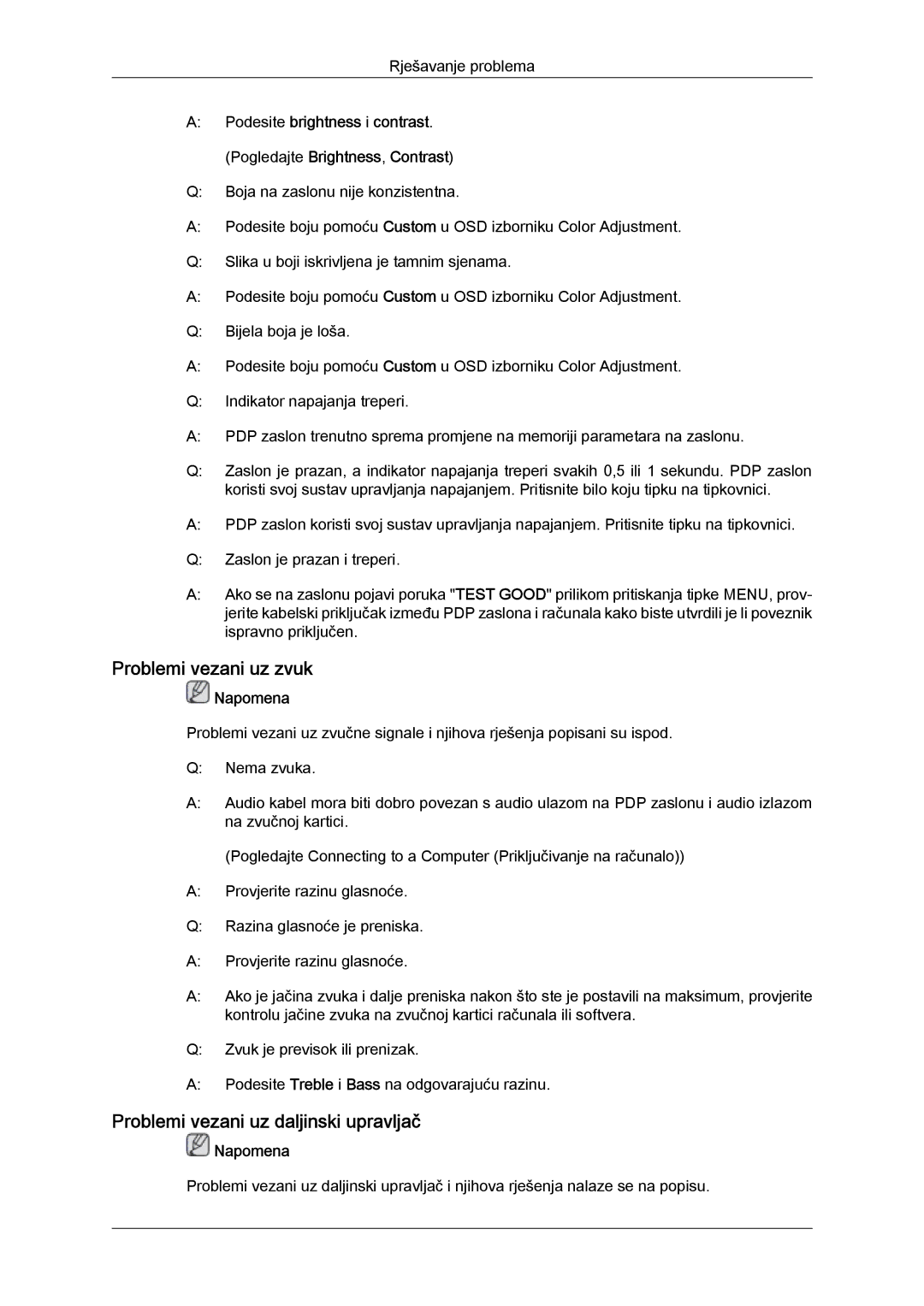 Samsung PH63KPFLBF/EN, PH50KPFLBF/EN, PH50KPPLBF/EN manual Problemi vezani uz zvuk, Problemi vezani uz daljinski upravljač 