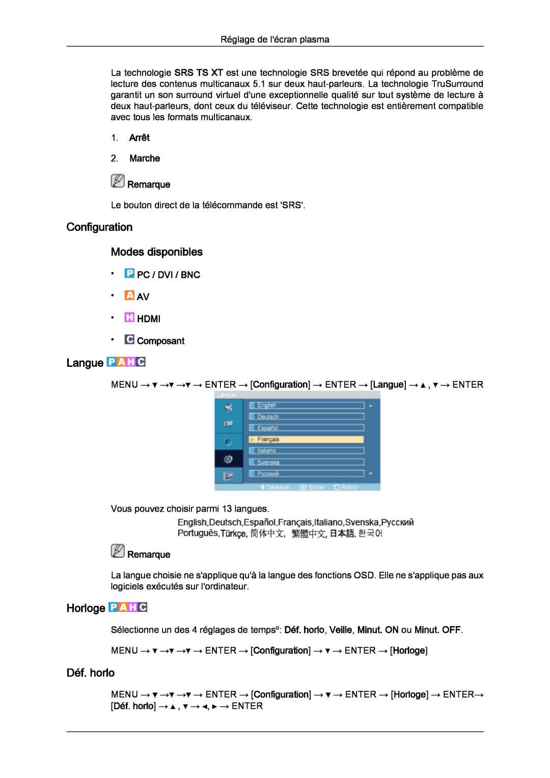 Samsung PH50KPPLBF/EN manual Configuration Modes disponibles, Langue, Horloge, Déf. horlo, Arrêt 2. Marche Remarque 