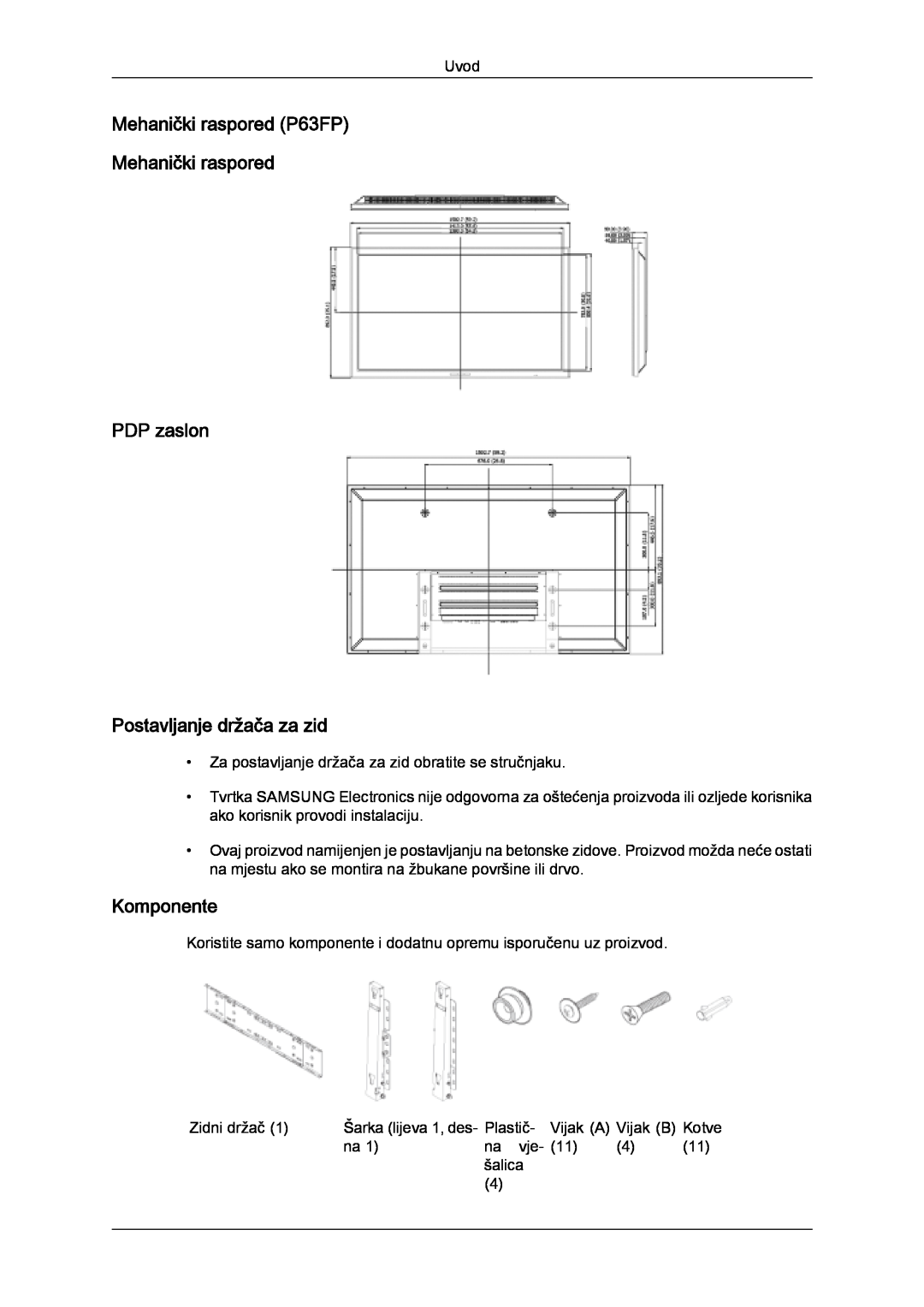 Samsung PH63KPFLBF/EN manual Mehanički raspored P63FP Mehanički raspored PDP zaslon, Postavljanje držača za zid, Komponente 
