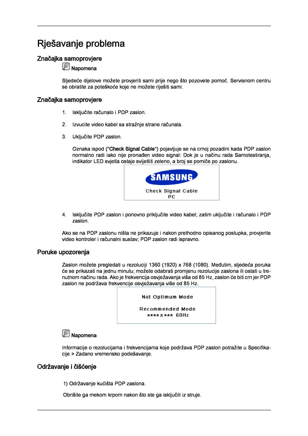 Samsung PH63KPFLBF/EN manual Rješavanje problema, Značajka samoprovjere, Poruke upozorenja, Održavanje i čišćenje, Napomena 