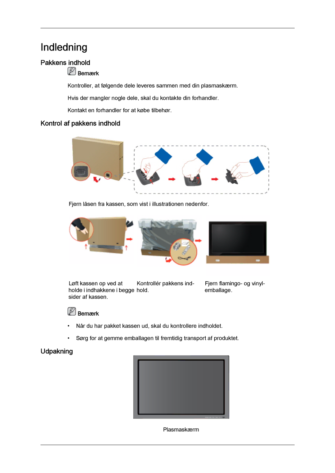 Samsung PH63KPFLBF/EN, PH50KPFLBF/EN manual Pakkens indhold, Kontrol af pakkens indhold, Udpakning 