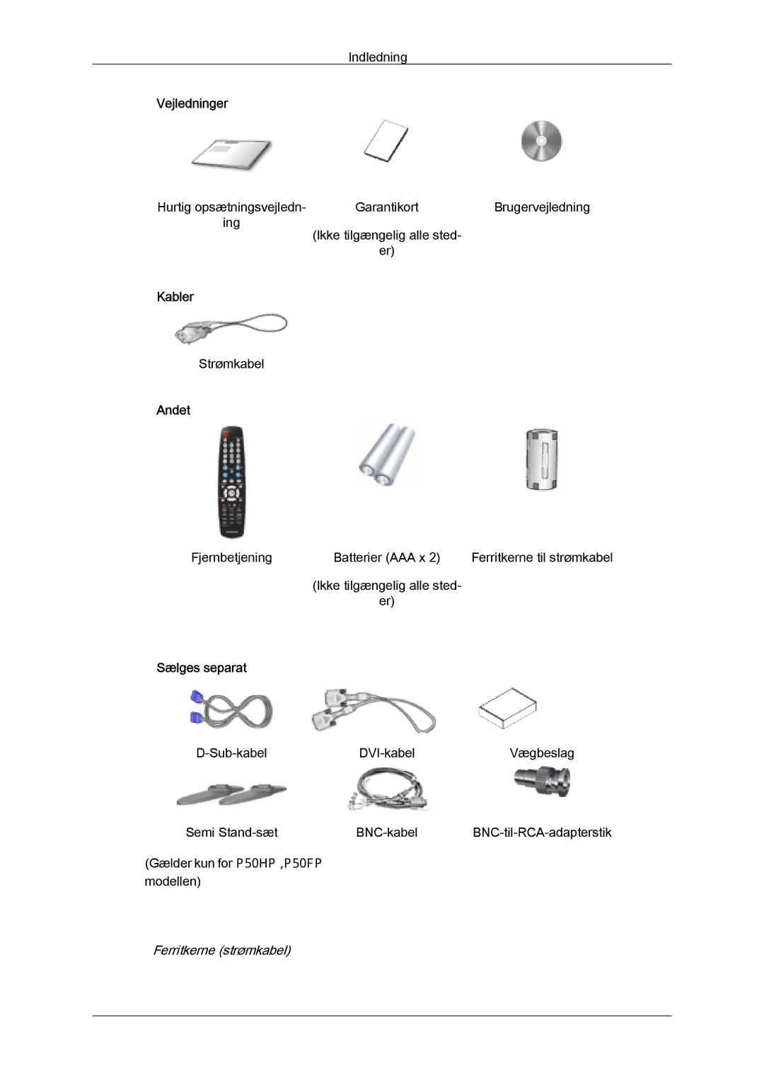 Samsung PH50KPFLBF/EN, PH63KPFLBF/EN manual Vejledninger, Kabler, Andet, Sælges separat 