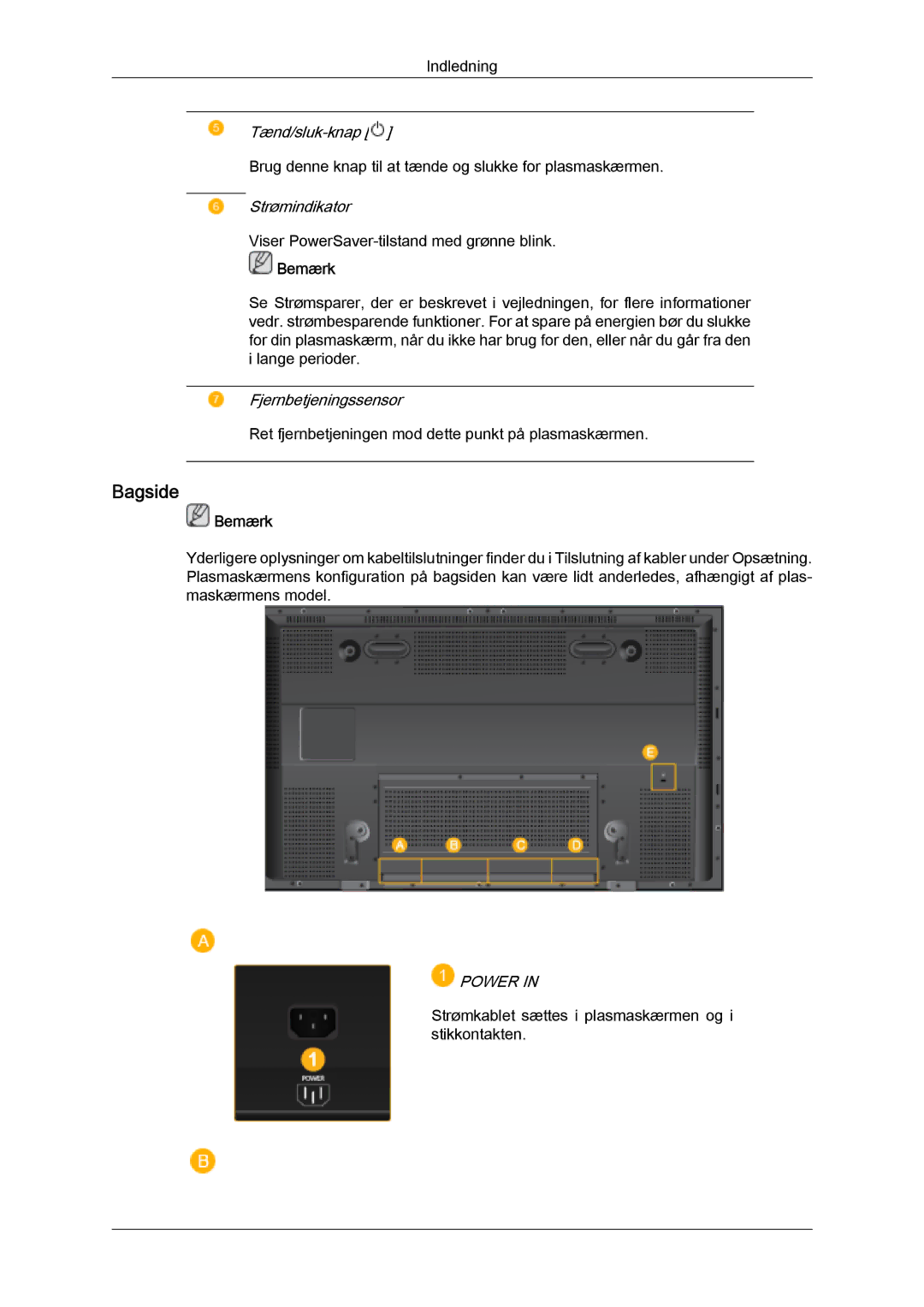 Samsung PH50KPFLBF/EN, PH63KPFLBF/EN manual Bagside, Power 