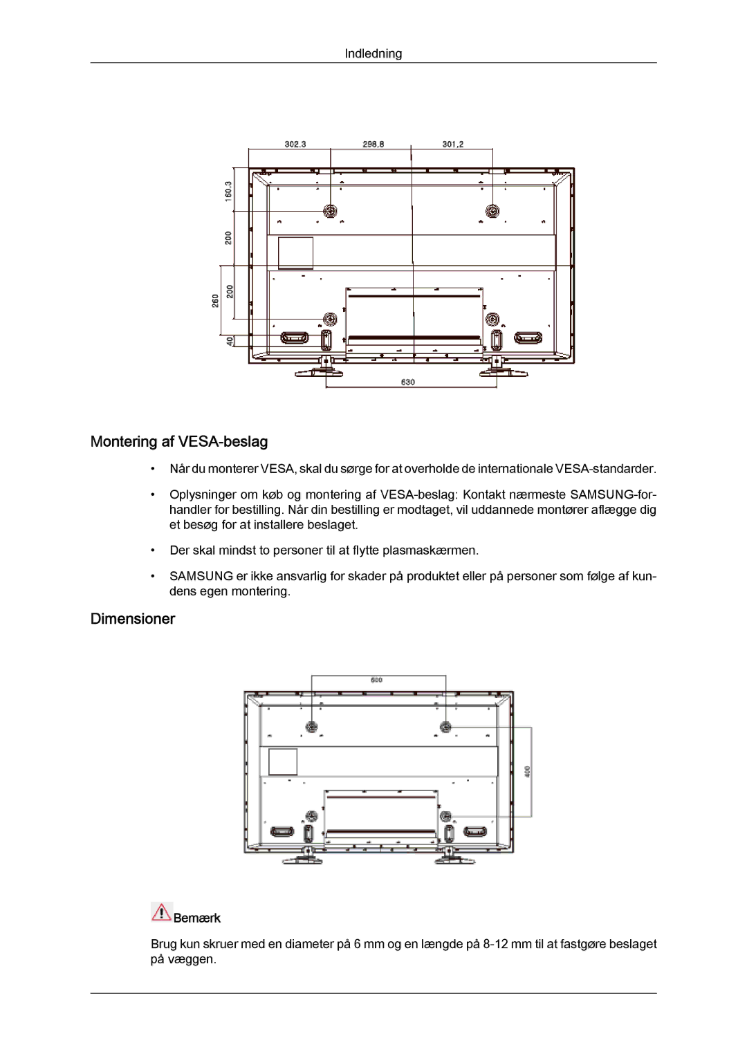 Samsung PH63KPFLBF/EN, PH50KPFLBF/EN manual Montering af VESA-beslag, Dimensioner 