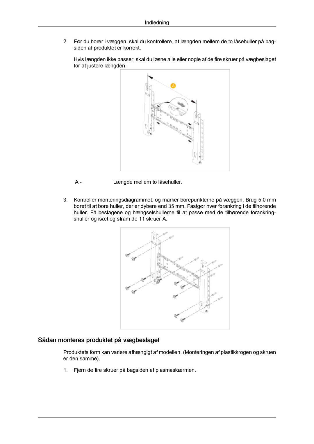 Samsung PH63KPFLBF/EN, PH50KPFLBF/EN manual Sådan monteres produktet på vægbeslaget 