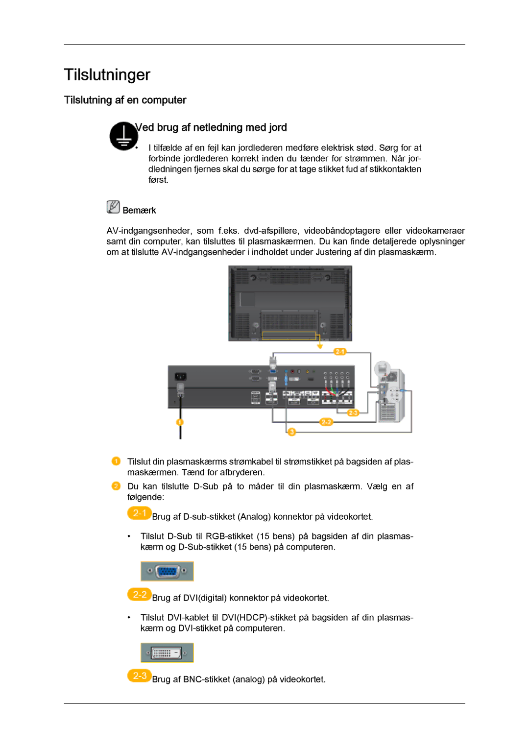 Samsung PH63KPFLBF/EN, PH50KPFLBF/EN manual Tilslutninger, Tilslutning af en computer Ved brug af netledning med jord 