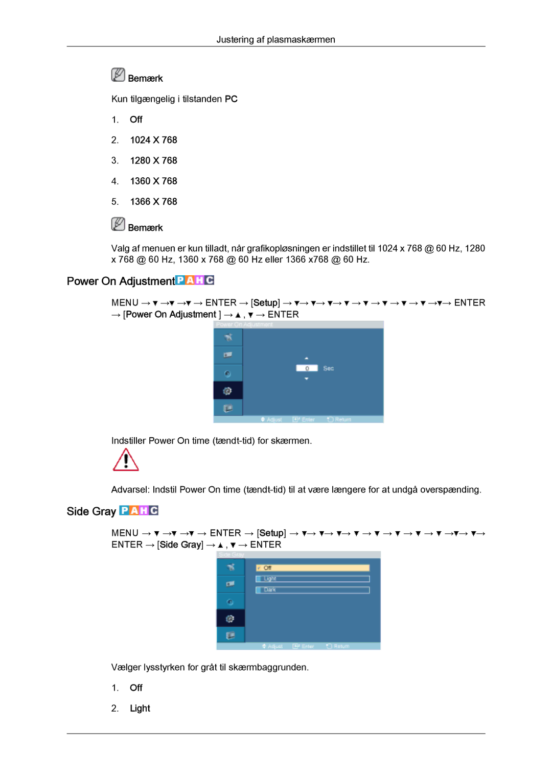 Samsung PH50KPFLBF/EN, PH63KPFLBF/EN Power On Adjustment, Side Gray, Off 1024 X 1280 X 1360 X 1366 X Bemærk, Off Light 