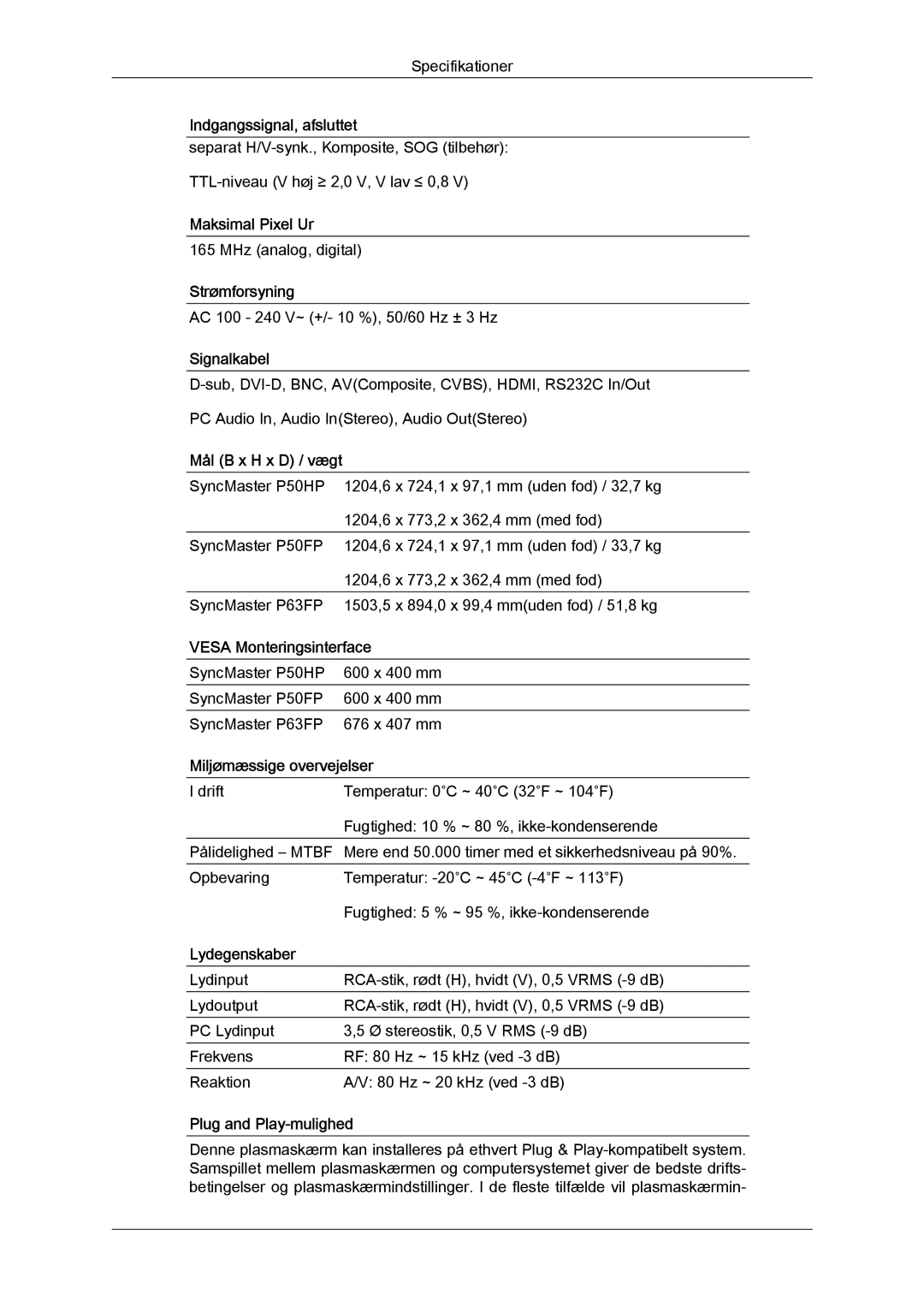 Samsung PH50KPFLBF/EN manual Maksimal Pixel Ur, Strømforsyning, Signalkabel, Mål B x H x D / vægt, Vesa Monteringsinterface 