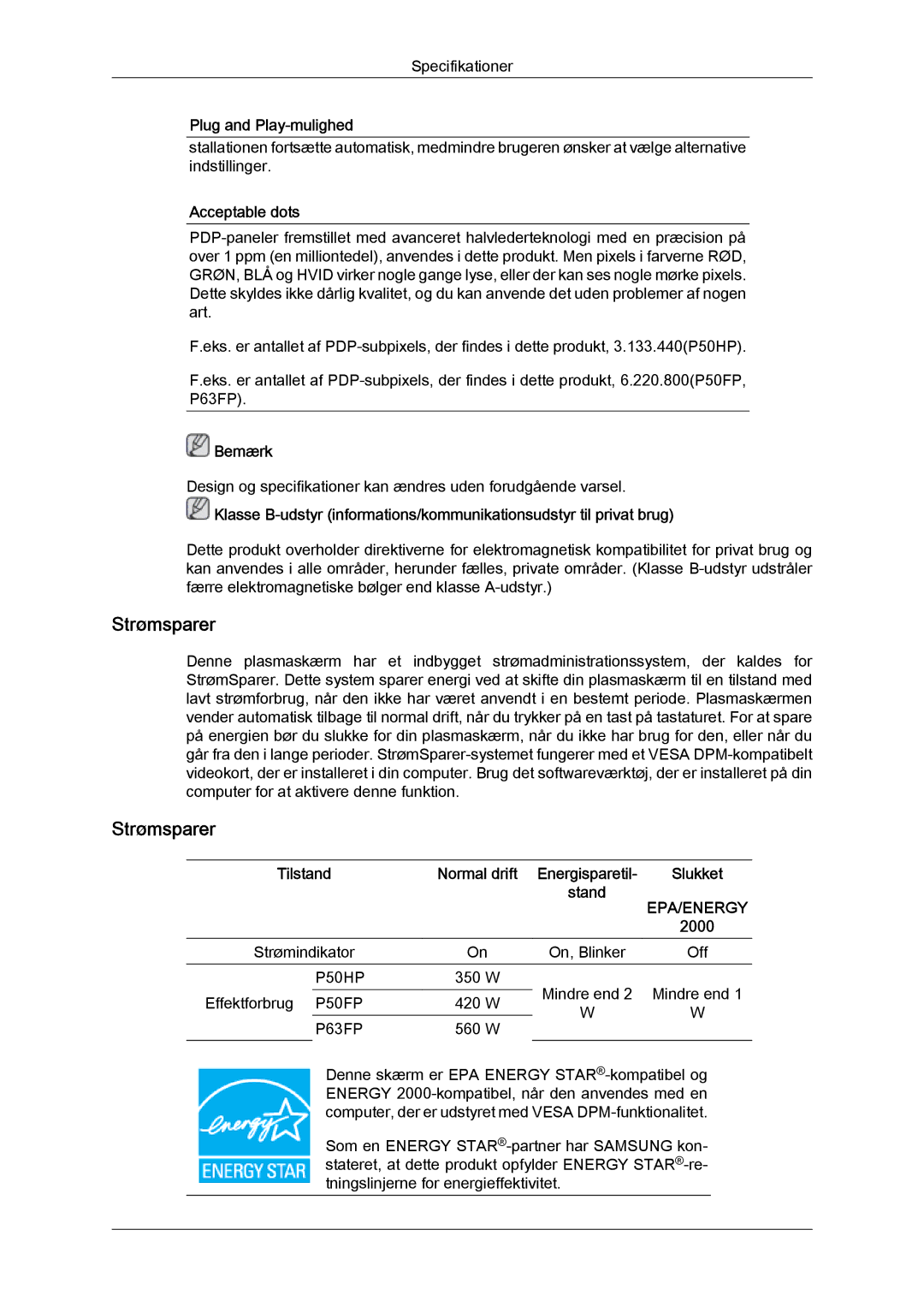 Samsung PH63KPFLBF/EN, PH50KPFLBF/EN manual Strømsparer, Acceptable dots 