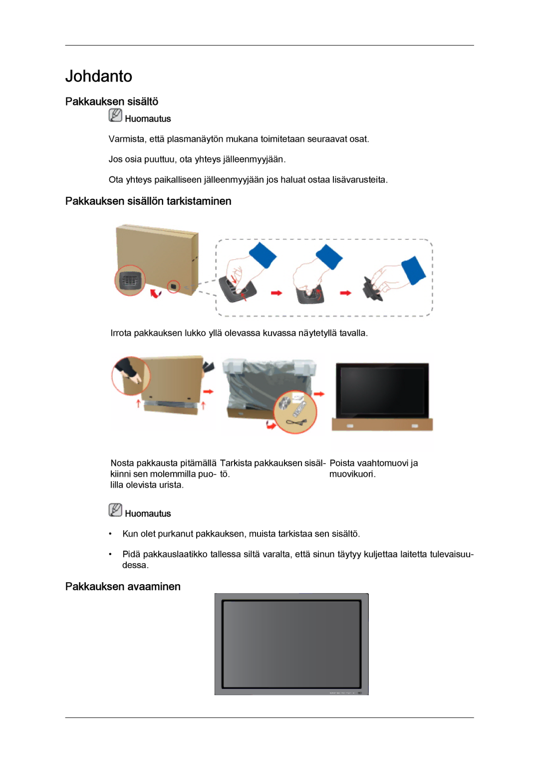 Samsung PH63KPFLBF/EN, PH50KPFLBF/EN manual Pakkauksen sisältö, Pakkauksen sisällön tarkistaminen, Pakkauksen avaaminen 