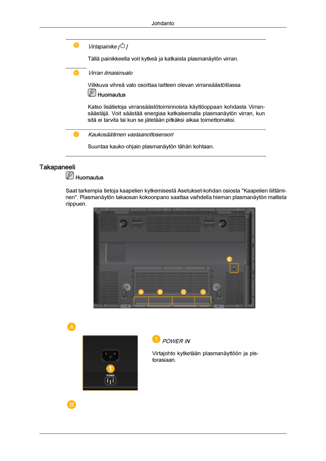 Samsung PH50KPFLBF/EN, PH63KPFLBF/EN manual Takapaneeli, Power 