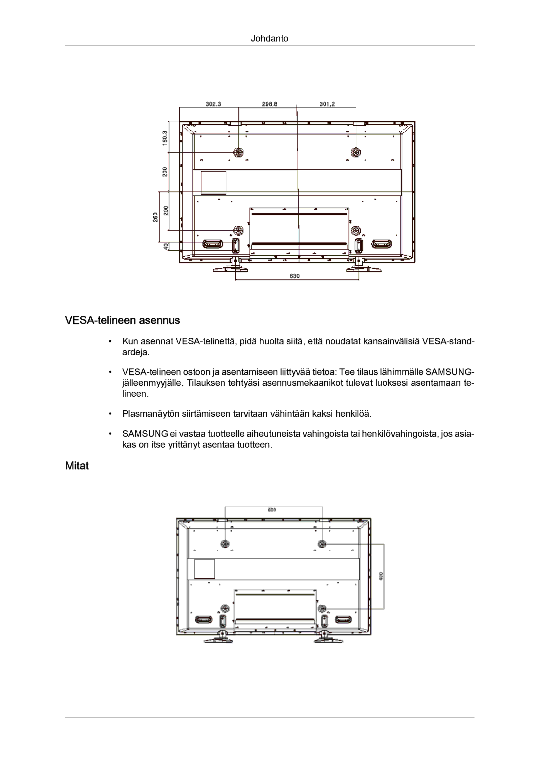 Samsung PH63KPFLBF/EN, PH50KPFLBF/EN manual VESA-telineen asennus, Mitat 