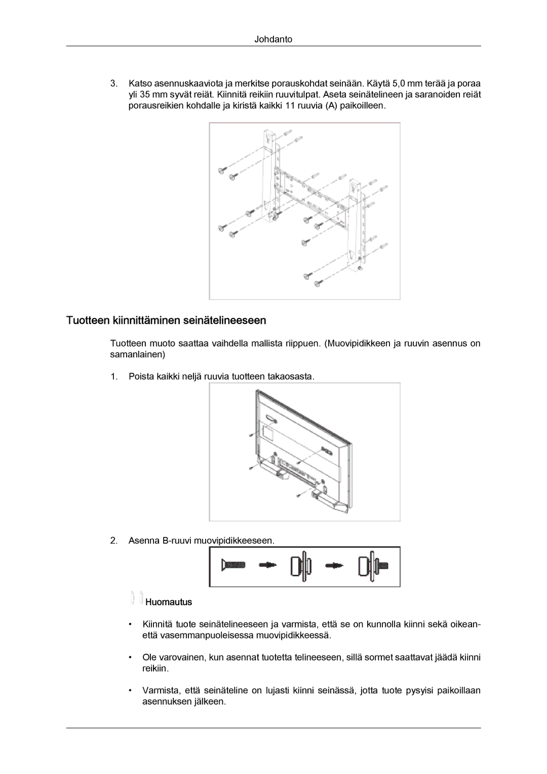 Samsung PH50KPFLBF/EN, PH63KPFLBF/EN manual Tuotteen kiinnittäminen seinätelineeseen 