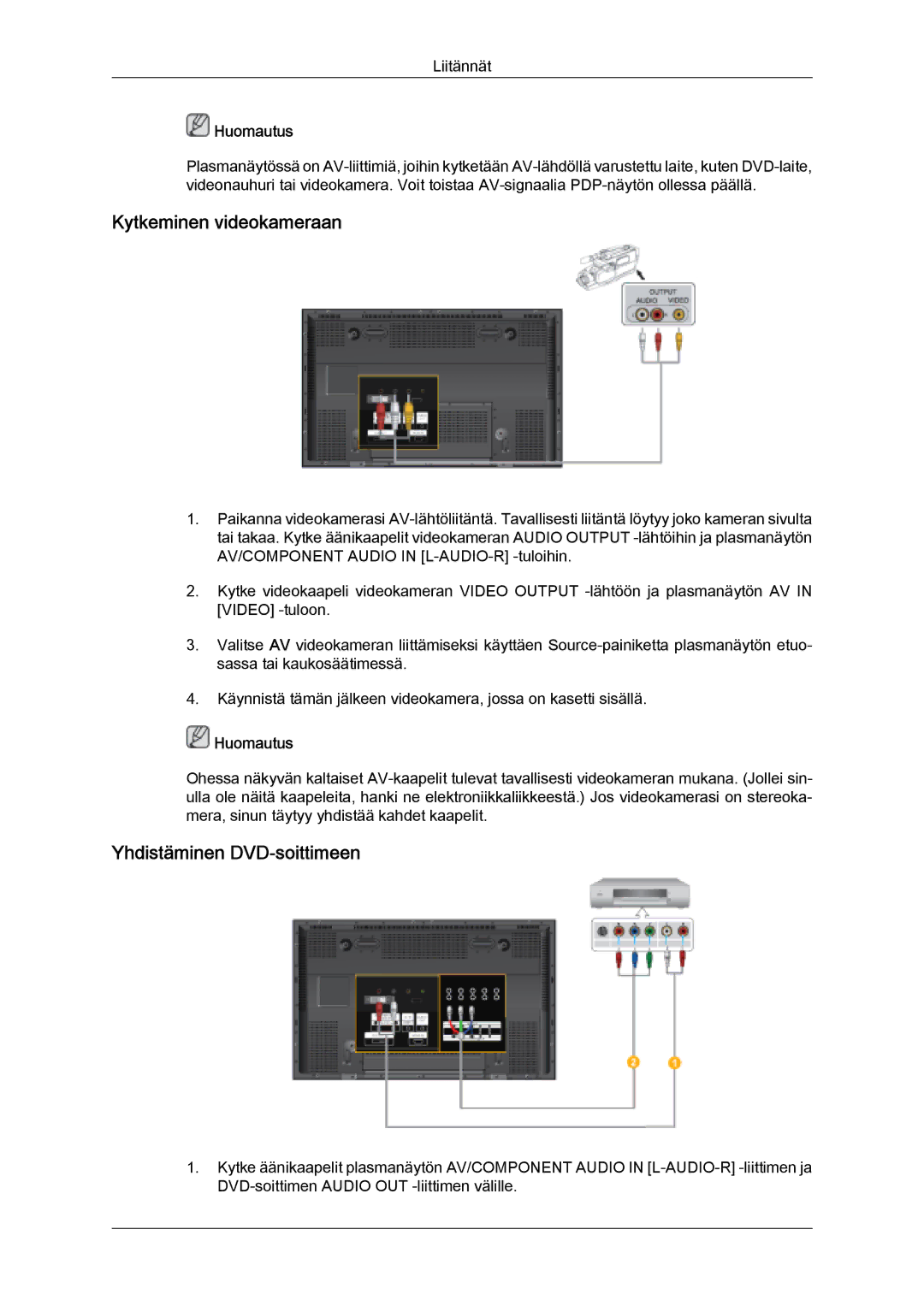 Samsung PH63KPFLBF/EN, PH50KPFLBF/EN manual Kytkeminen videokameraan, Yhdistäminen DVD-soittimeen 