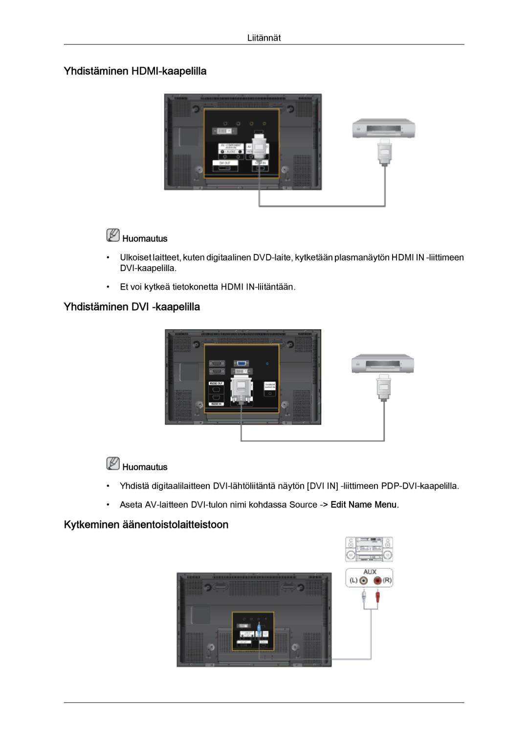 Samsung PH63KPFLBF/EN manual Yhdistäminen HDMI-kaapelilla, Yhdistäminen DVI -kaapelilla, Kytkeminen äänentoistolaitteistoon 