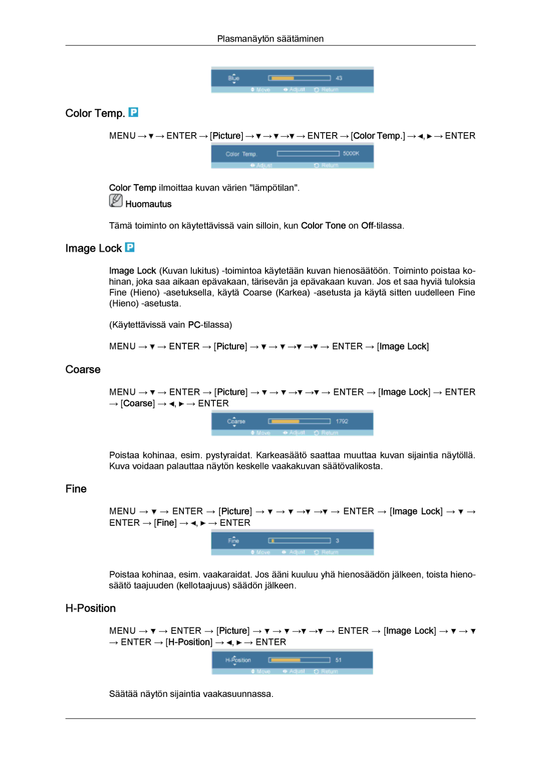 Samsung PH63KPFLBF/EN, PH50KPFLBF/EN manual Color Temp, Image Lock, Coarse, Fine, Position 