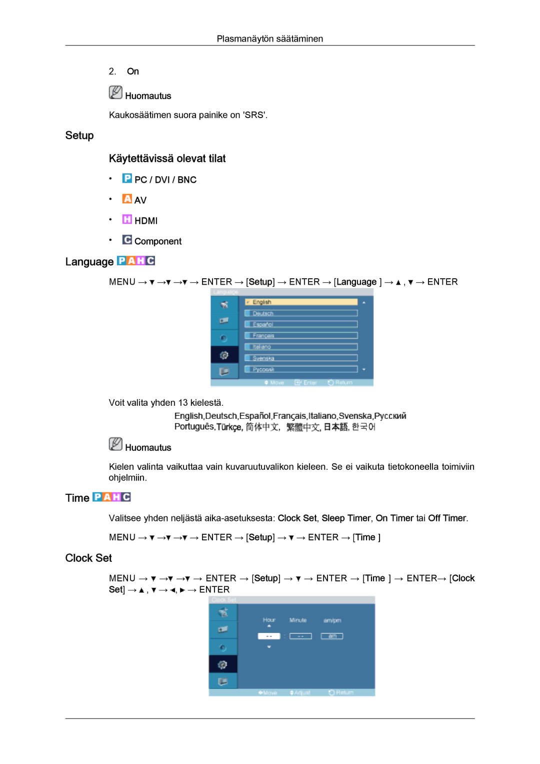 Samsung PH50KPFLBF/EN, PH63KPFLBF/EN manual Setup Käytettävissä olevat tilat, Language, Time, Clock Set 