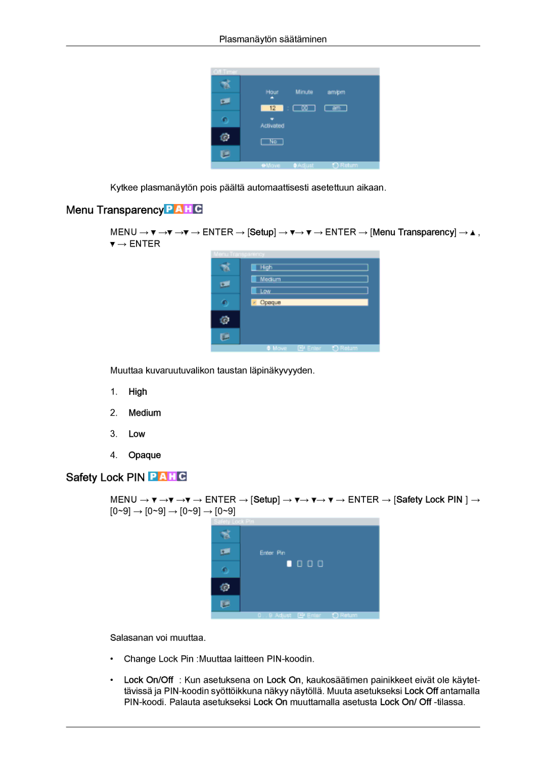 Samsung PH50KPFLBF/EN, PH63KPFLBF/EN manual Menu Transparency, Safety Lock PIN, High Medium Low Opaque 