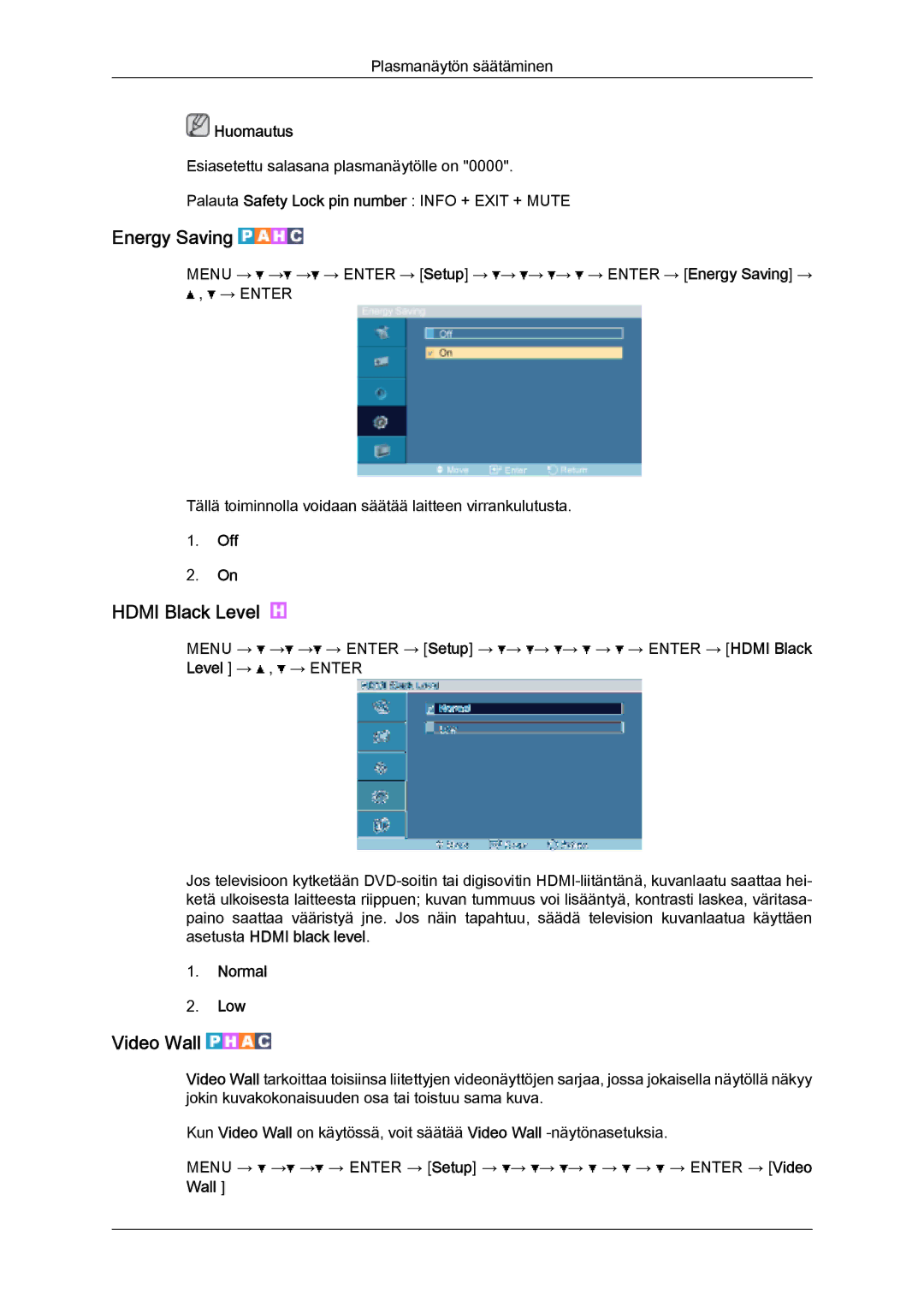Samsung PH63KPFLBF/EN, PH50KPFLBF/EN manual Energy Saving, Hdmi Black Level, Video Wall, Normal Low 