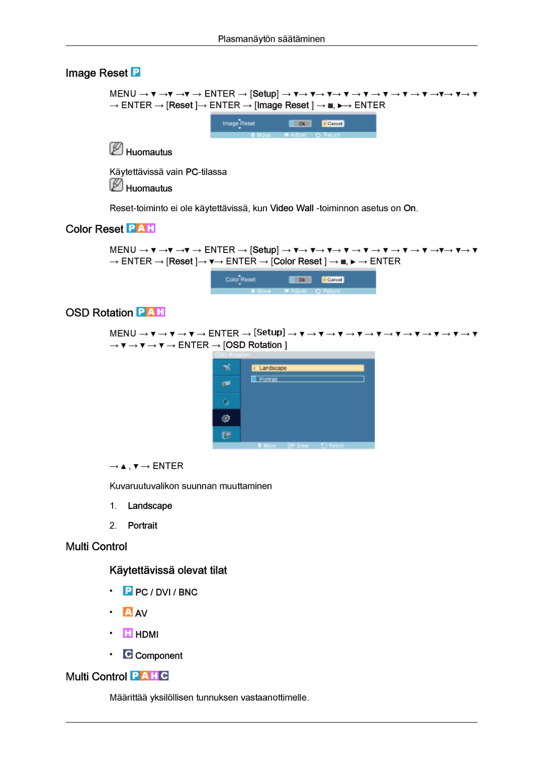 Samsung PH50KPFLBF/EN, PH63KPFLBF/EN manual Image Reset, Color Reset, OSD Rotation, Multi Control Käytettävissä olevat tilat 