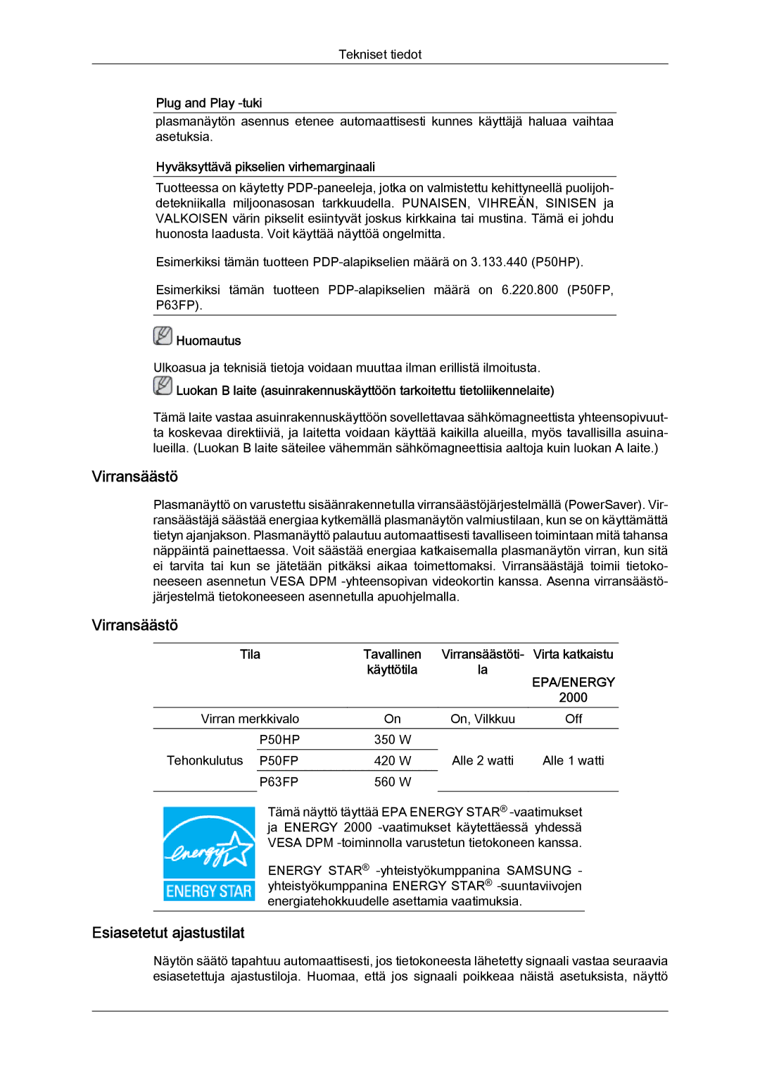 Samsung PH50KPFLBF/EN, PH63KPFLBF/EN manual Virransäästö, Esiasetetut ajastustilat, Hyväksyttävä pikselien virhemarginaali 