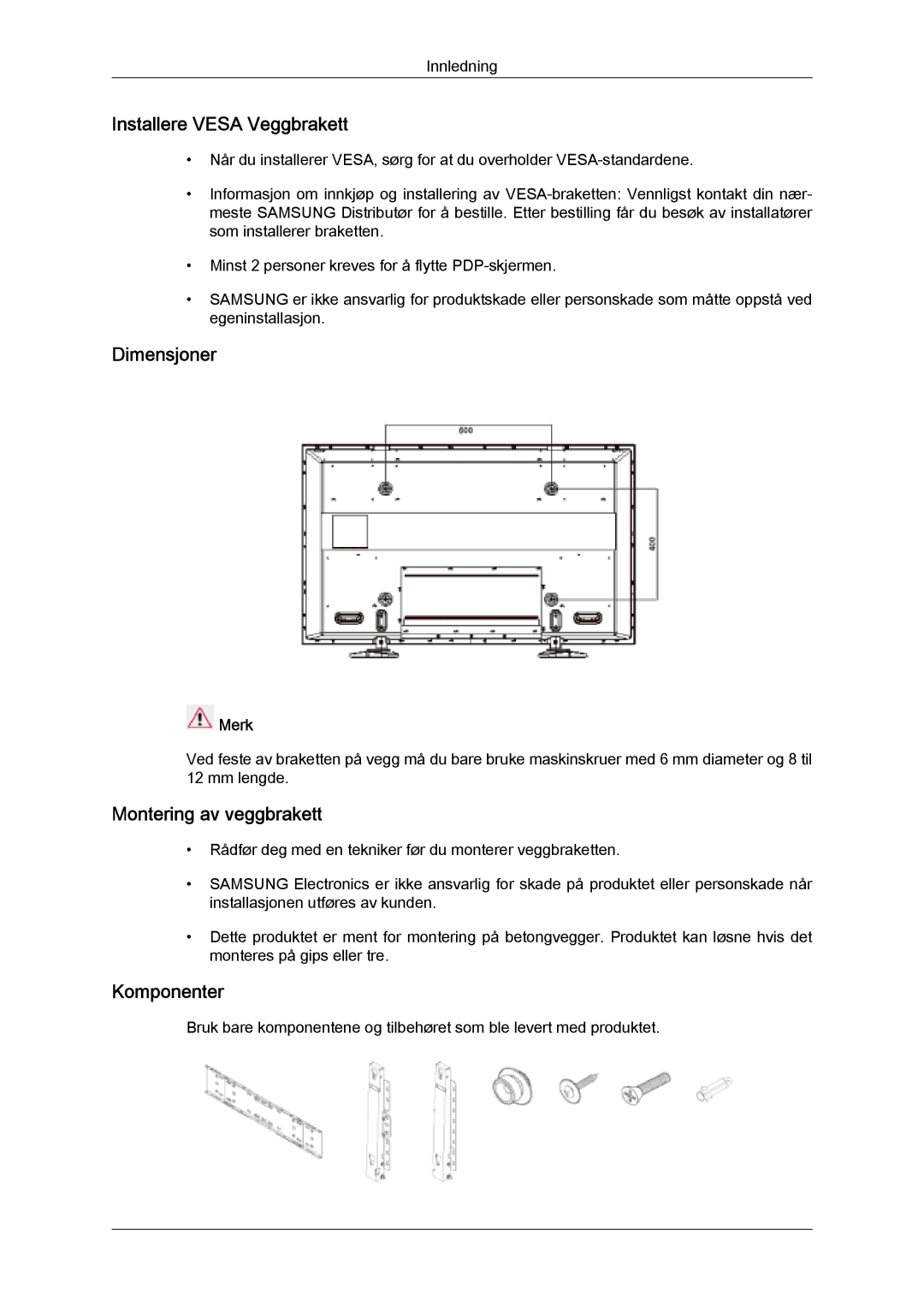 Samsung PH50KPFLBF/EN, PH63KPFLBF/EN manual Installere Vesa Veggbrakett, Dimensjoner, Montering av veggbrakett, Komponenter 