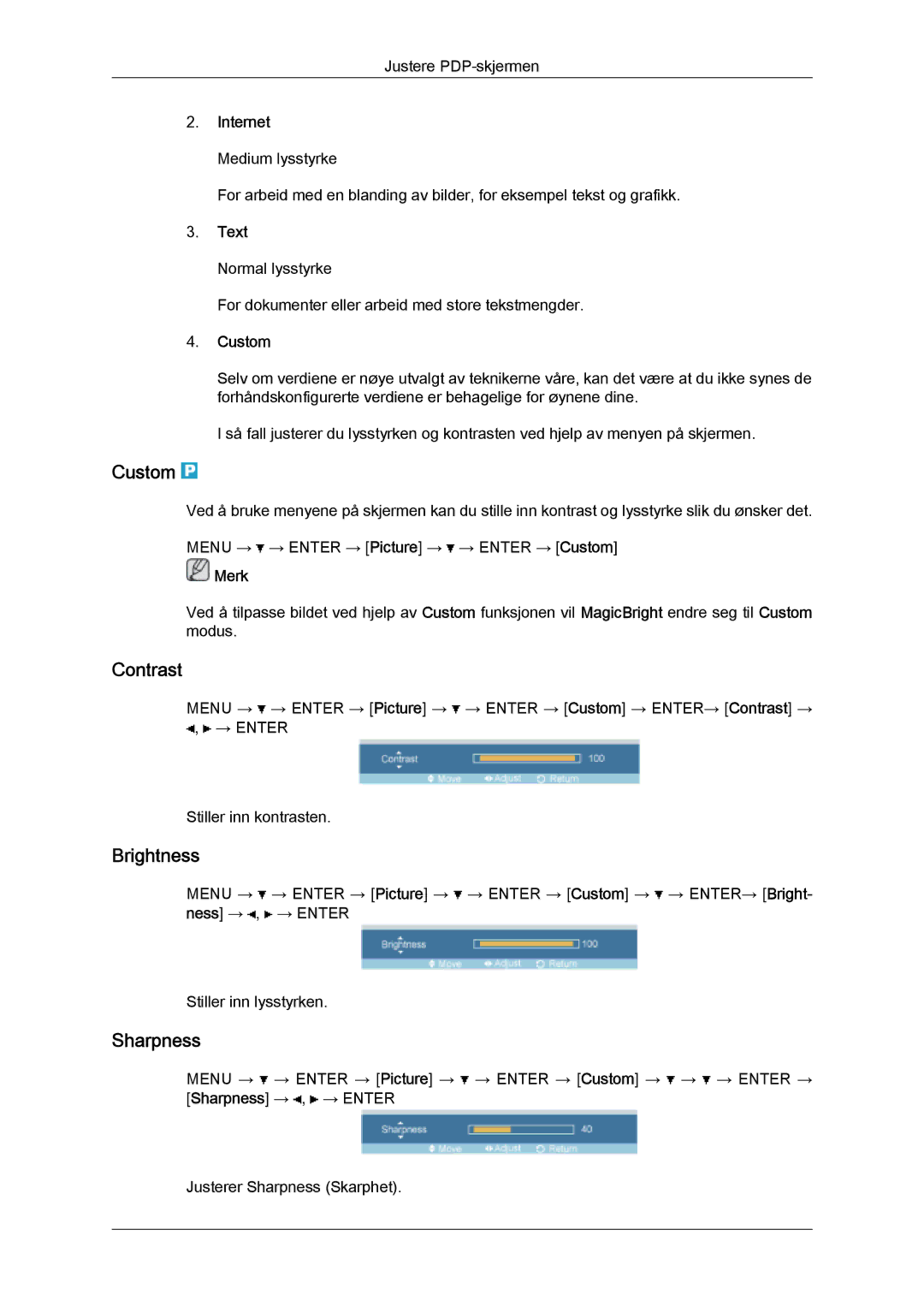 Samsung PH50KPFLBF/EN, PH63KPFLBF/EN manual Custom, Contrast, Brightness, Sharpness 