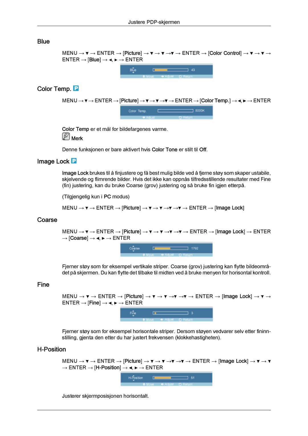 Samsung PH50KPFLBF/EN, PH63KPFLBF/EN manual Blue, Color Temp, Image Lock, Coarse, Fine, Position 