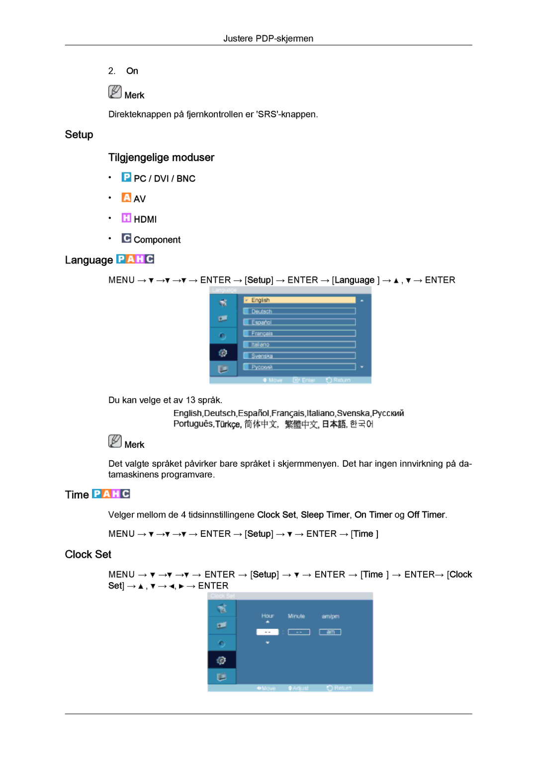 Samsung PH63KPFLBF/EN, PH50KPFLBF/EN manual Setup Tilgjengelige moduser, Language, Time, Clock Set 