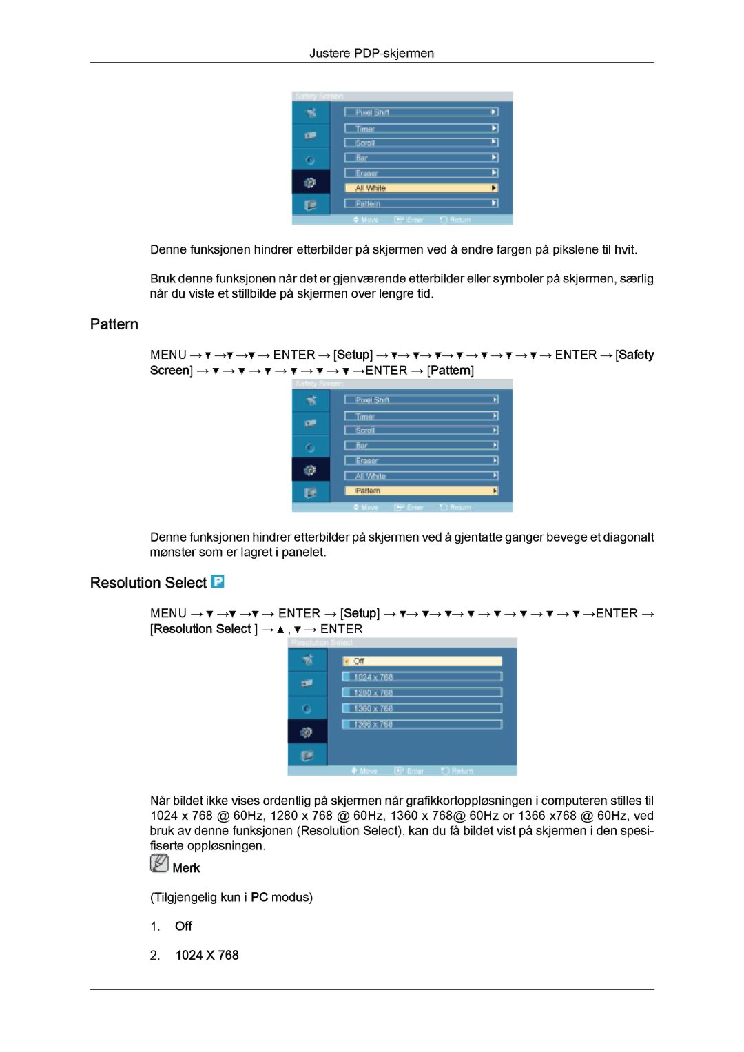 Samsung PH63KPFLBF/EN, PH50KPFLBF/EN manual Pattern, Resolution Select, Off 1024 X 