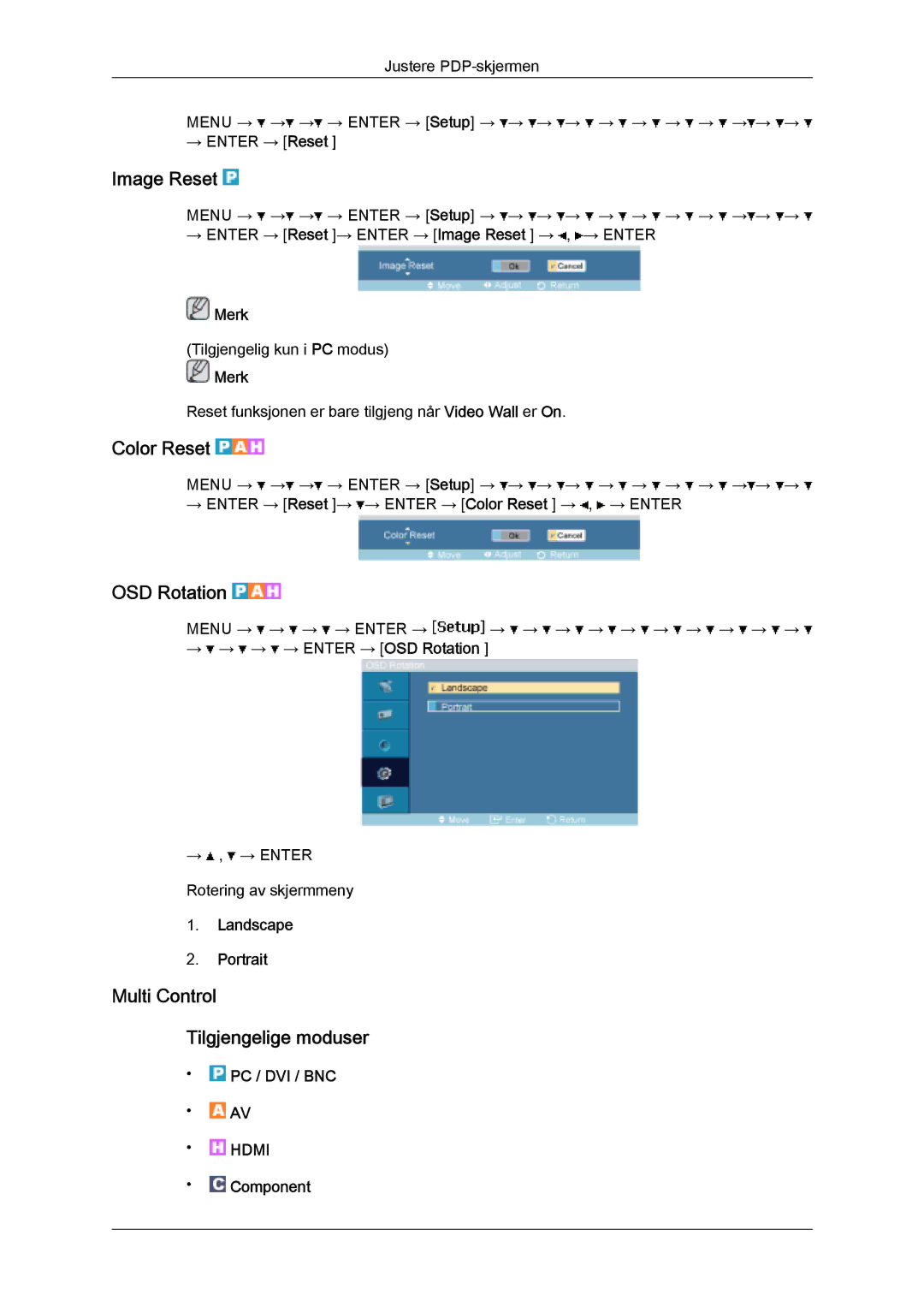 Samsung PH63KPFLBF/EN, PH50KPFLBF/EN manual Image Reset, Color Reset, OSD Rotation, Multi Control Tilgjengelige moduser 
