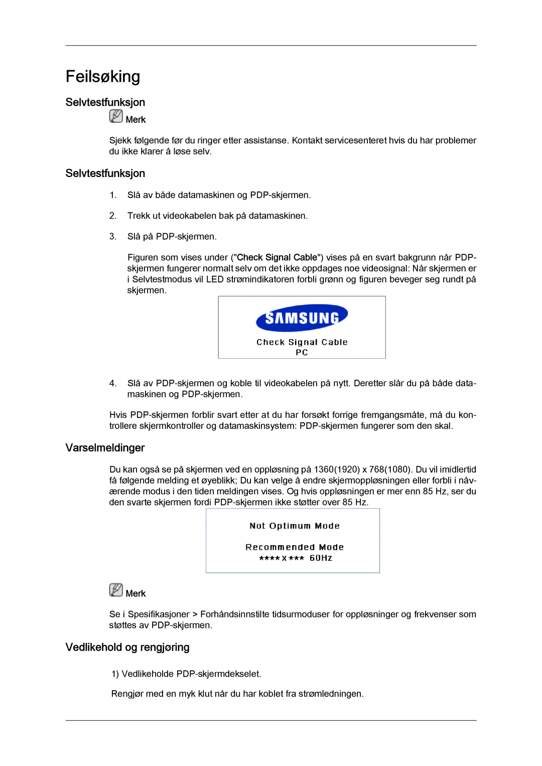 Samsung PH63KPFLBF/EN, PH50KPFLBF/EN manual Selvtestfunksjon, Varselmeldinger, Vedlikehold og rengjøring 