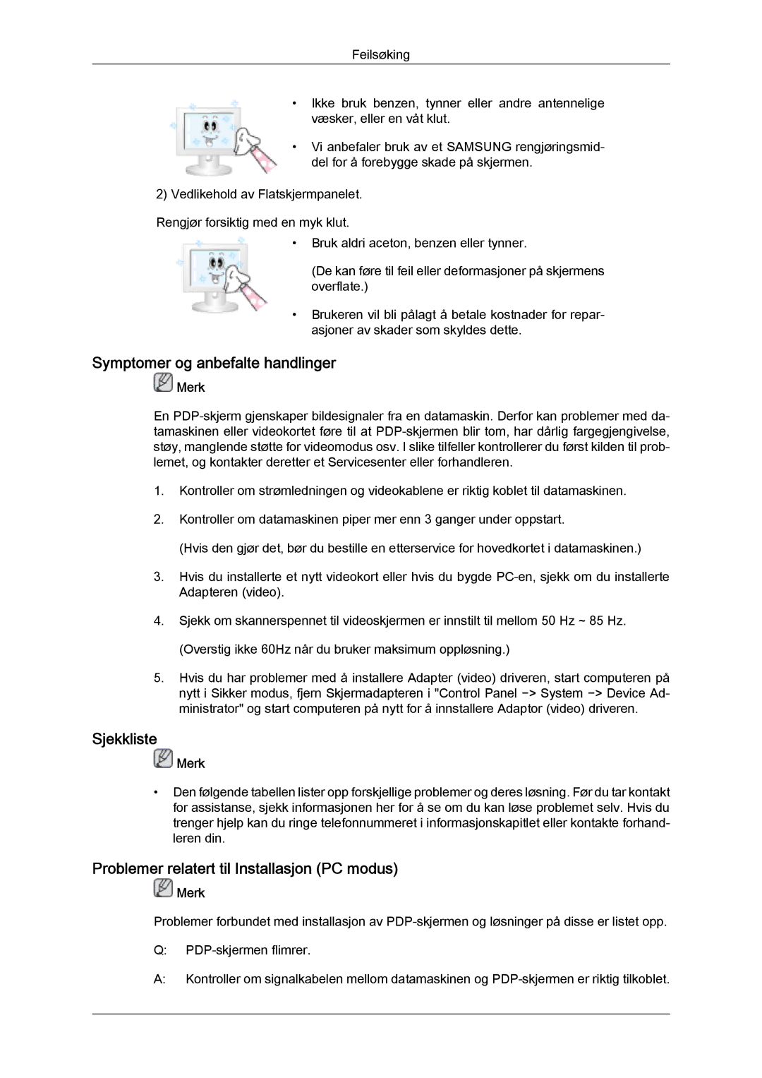 Samsung PH50KPFLBF/EN manual Symptomer og anbefalte handlinger, Sjekkliste, Problemer relatert til Installasjon PC modus 