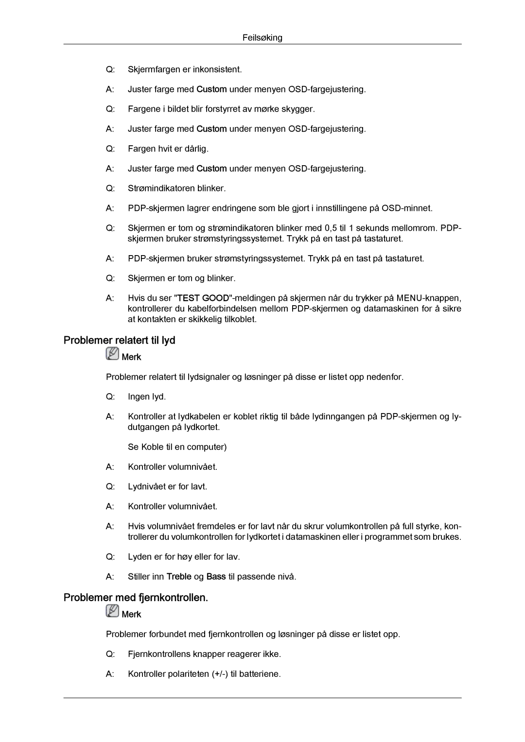 Samsung PH50KPFLBF/EN, PH63KPFLBF/EN manual Problemer relatert til lyd, Problemer med fjernkontrollen 