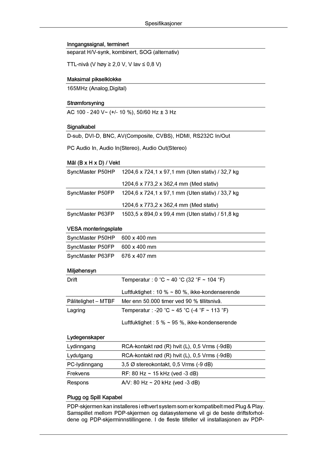 Samsung PH50KPFLBF/EN manual Maksimal pikselklokke, Strømforsyning, Signalkabel, Mål B x H x D / Vekt, Vesa monteringsplate 