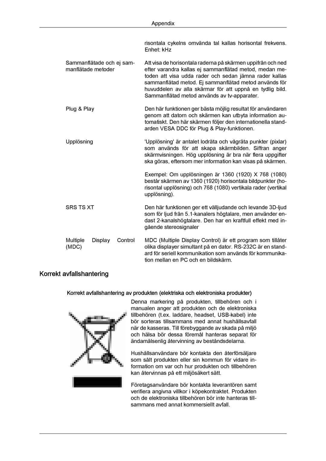 Samsung PH63KPFLBF/EN, PH50KPFLBF/EN manual Korrekt avfallshantering, Srs Ts Xt 