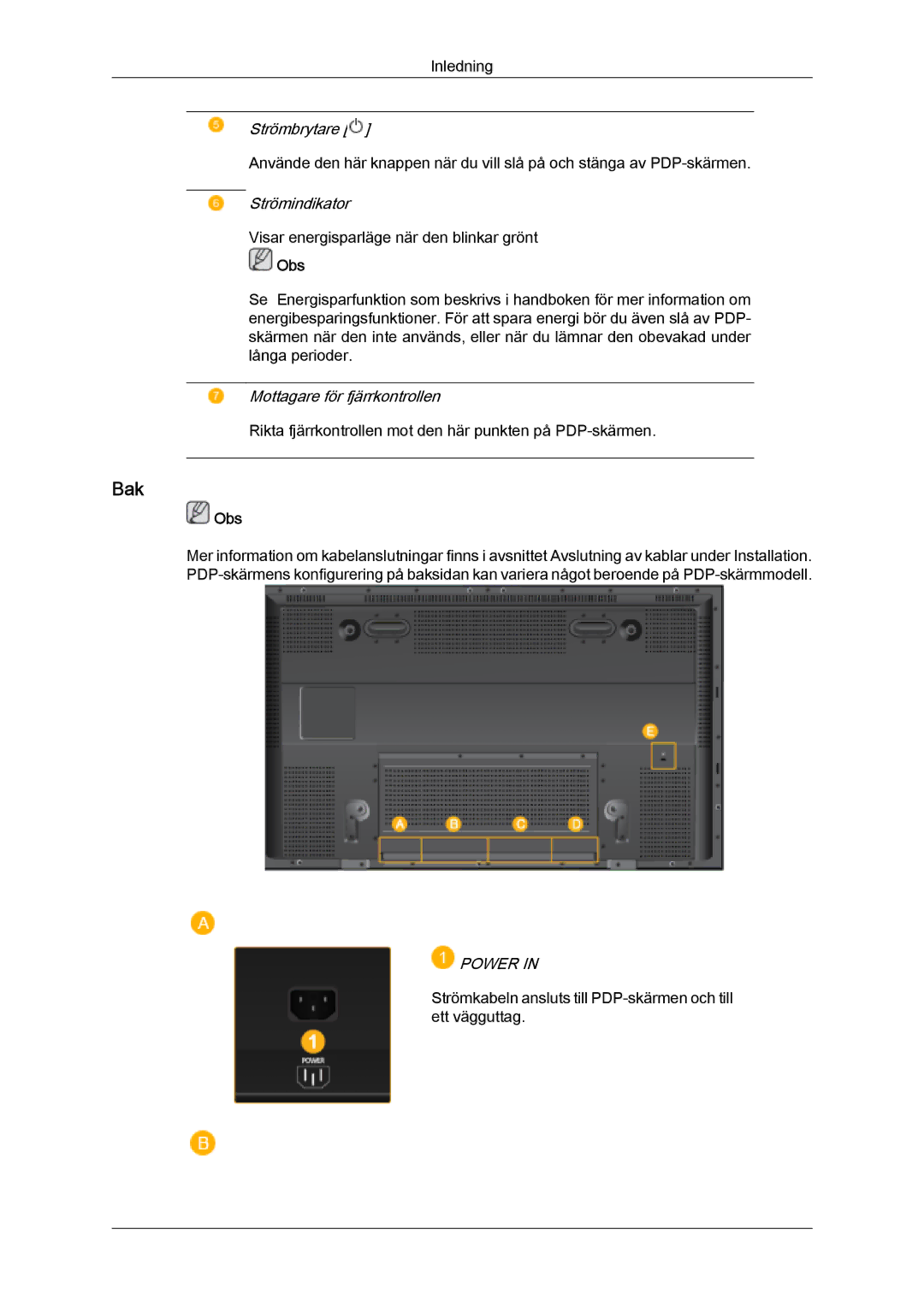 Samsung PH50KPFLBF/EN, PH63KPFLBF/EN manual Bak, Power 