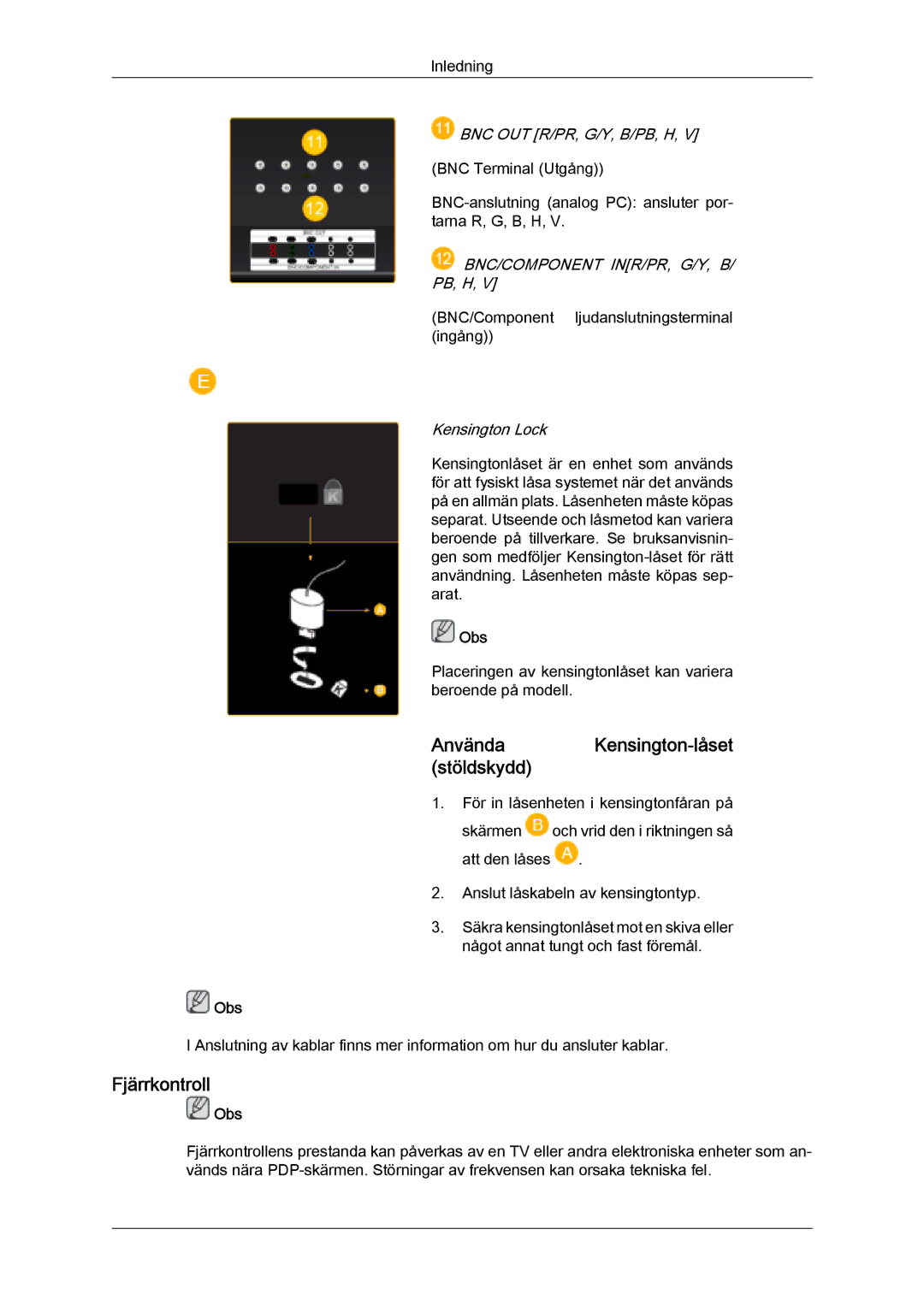 Samsung PH50KPFLBF/EN, PH63KPFLBF/EN manual Använda Kensington-låset stöldskydd, Fjärrkontroll 