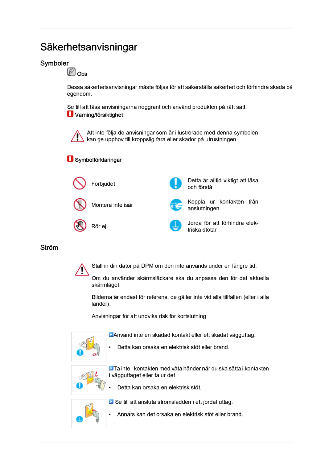 Samsung PH63KPFLBF/EN, PH50KPFLBF/EN manual Symboler, Ström, Obs, Varning/försiktighet, Symbolförklaringar 