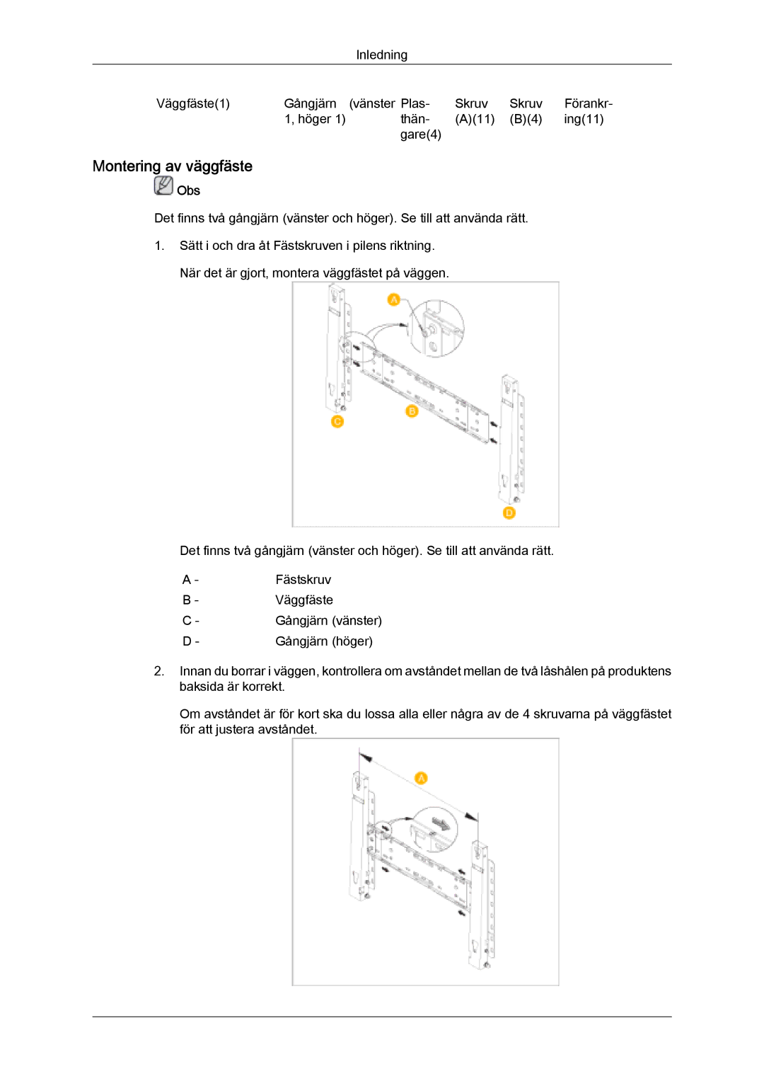 Samsung PH50KPFLBF/EN, PH63KPFLBF/EN manual Montering av väggfäste, Obs 