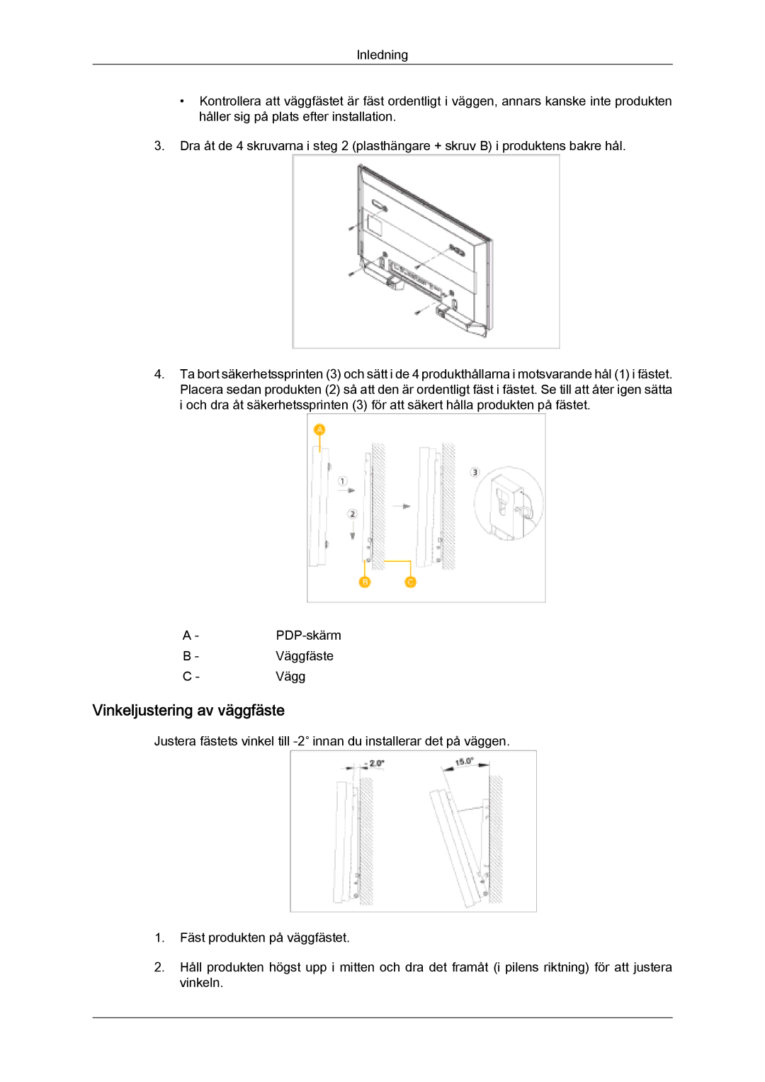 Samsung PH50KPFLBF/EN, PH63KPFLBF/EN manual Vinkeljustering av väggfäste 