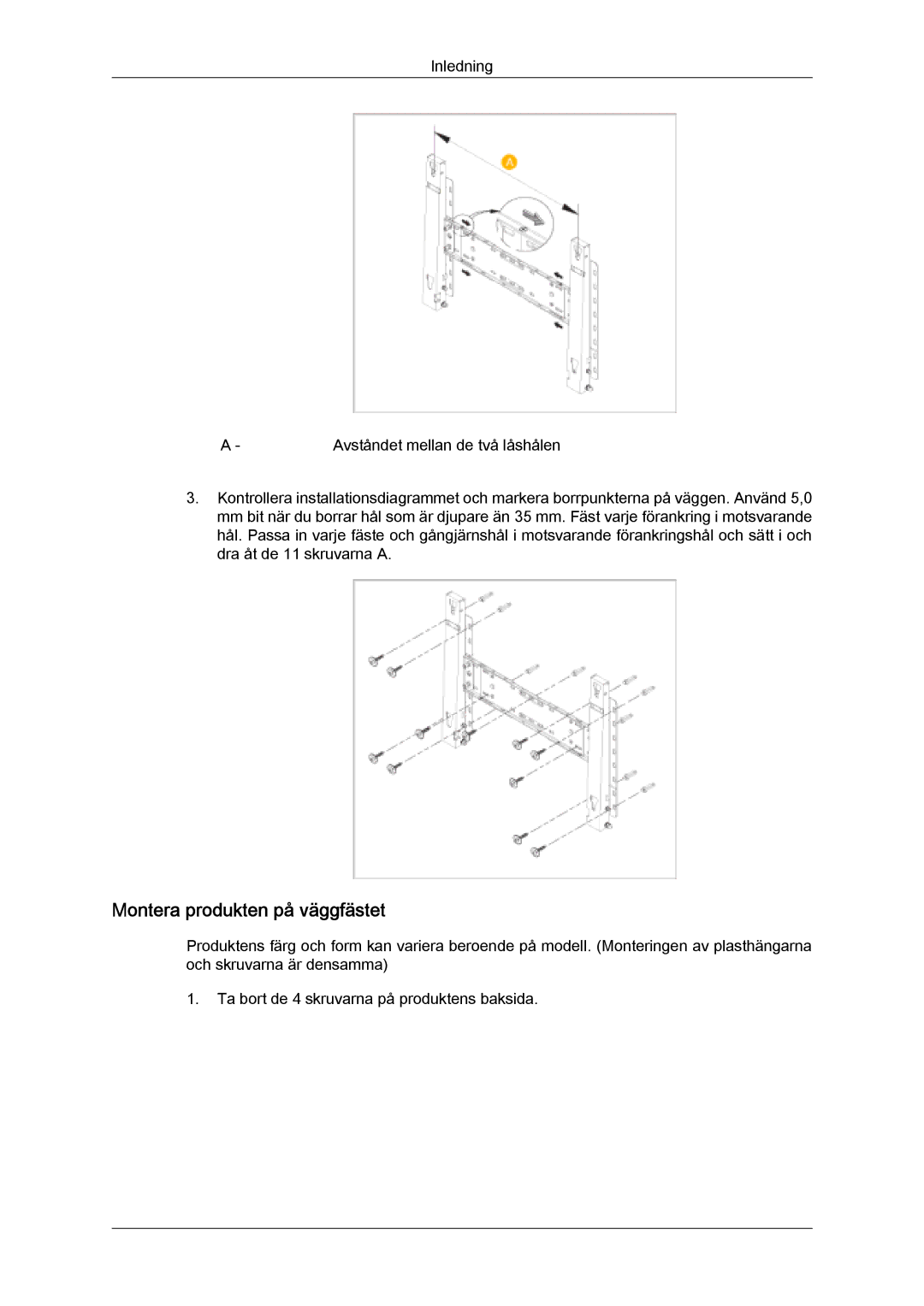 Samsung PH63KPFLBF/EN, PH50KPFLBF/EN manual Montera produkten på väggfästet 