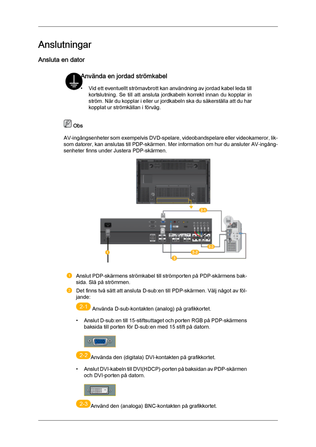 Samsung PH50KPFLBF/EN, PH63KPFLBF/EN manual Anslutningar, Ansluta en dator Använda en jordad strömkabel 