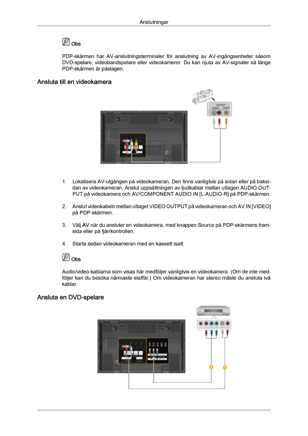 Samsung PH50KPFLBF/EN, PH63KPFLBF/EN manual Ansluta till en videokamera, Ansluta en DVD-spelare 