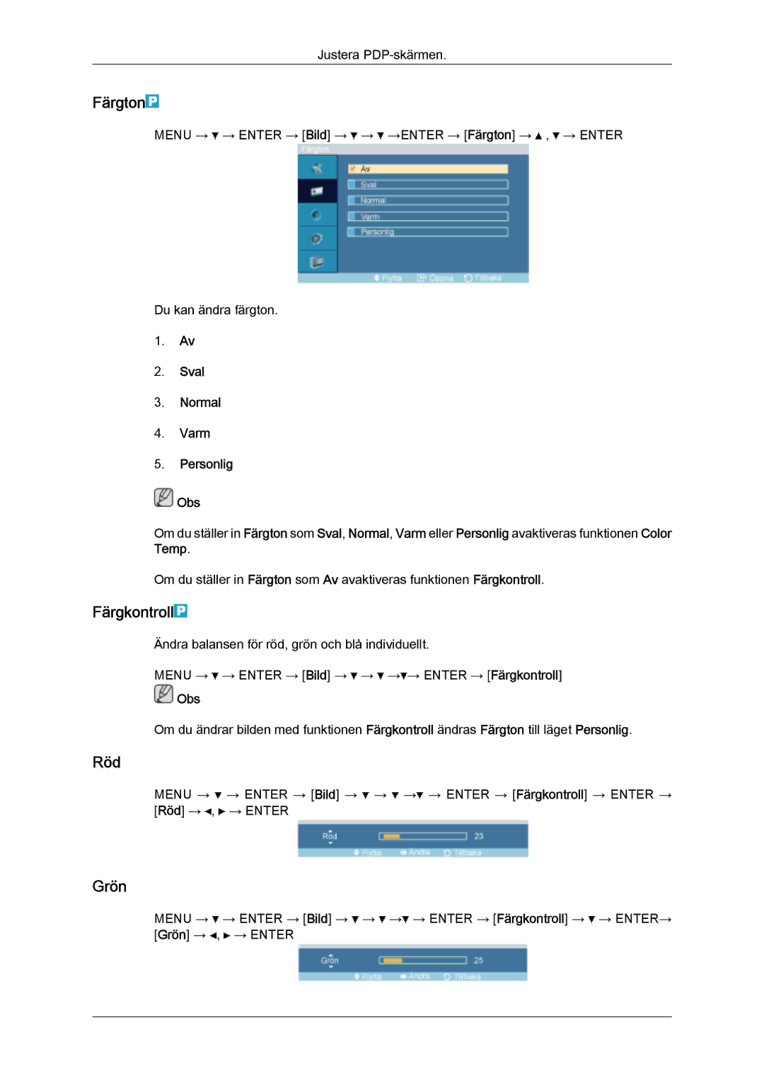 Samsung PH50KPFLBF/EN, PH63KPFLBF/EN manual Färgton, Färgkontroll, Röd, Grön, Sval Normal Varm Personlig Obs 