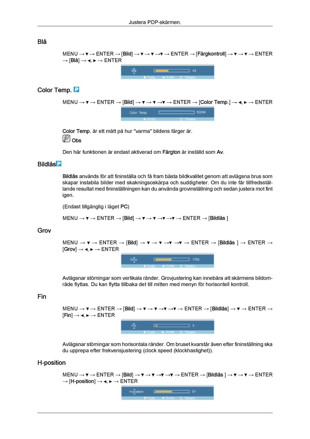 Samsung PH63KPFLBF/EN, PH50KPFLBF/EN manual Blå, Color Temp, Bildlås, Grov, Fin, Position 