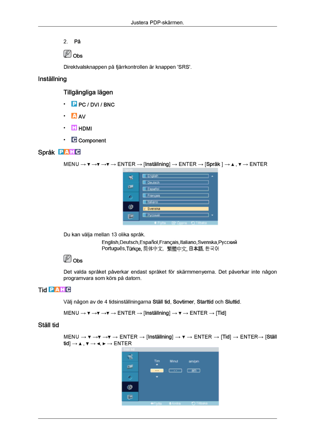 Samsung PH50KPFLBF/EN, PH63KPFLBF/EN manual Inställning Tillgängliga lägen, Språk, Tid, Ställ tid 